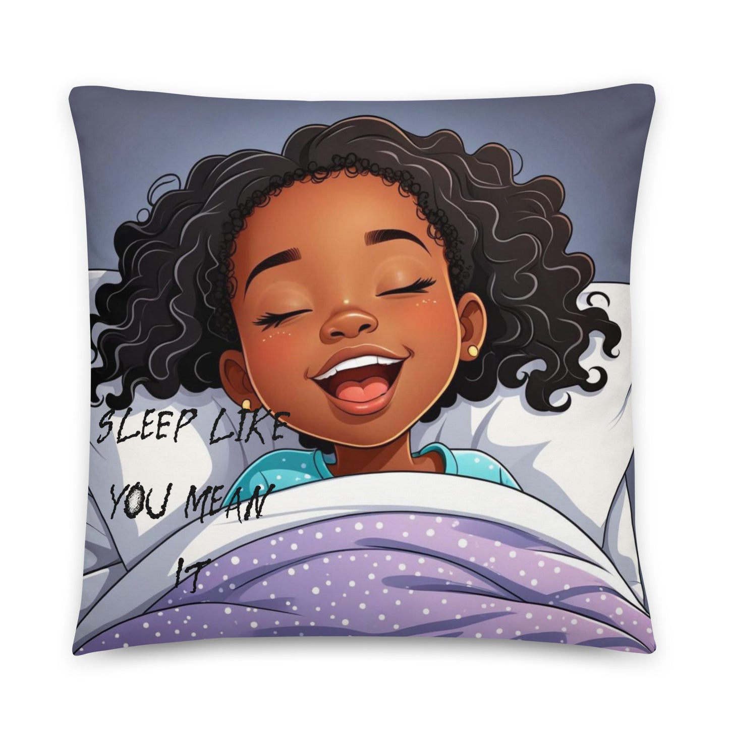 Sleep Like You Mean It Pillow featuring an illustration of a joyful young woman with curly hair peacefully sleeping with a smile, wrapped in a purple polka-dot blanket.
