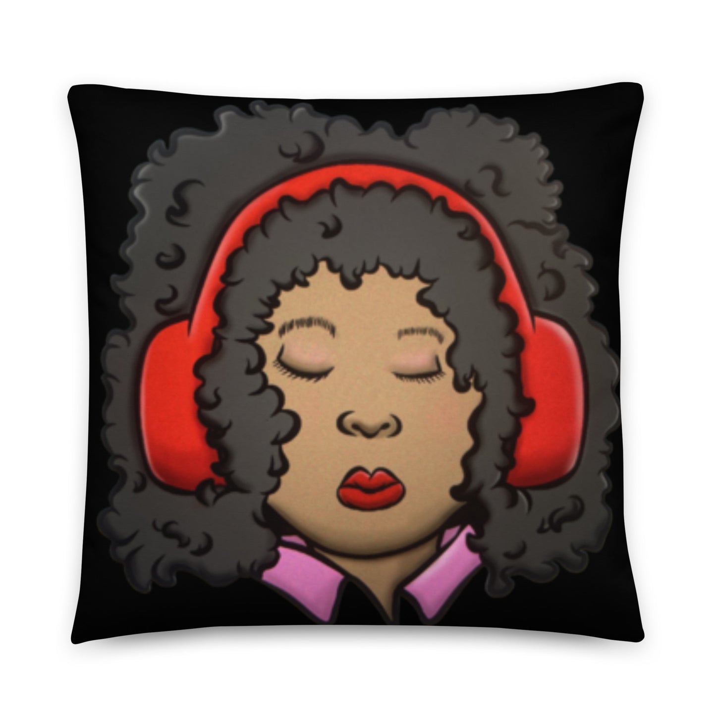 Issa Pillow featuring artwork of a woman with curly hair wearing red headphones and a purple shirt on a black background, perfect for home decor.