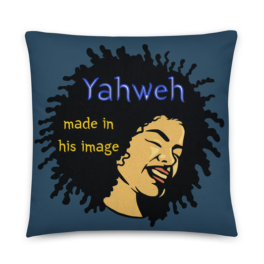 Created in His Image Pillow featuring a smiling Black woman with natural hair and the text "Yahweh made in his image" on a dark blue background, blending faith-inspired and melanin-rich design.