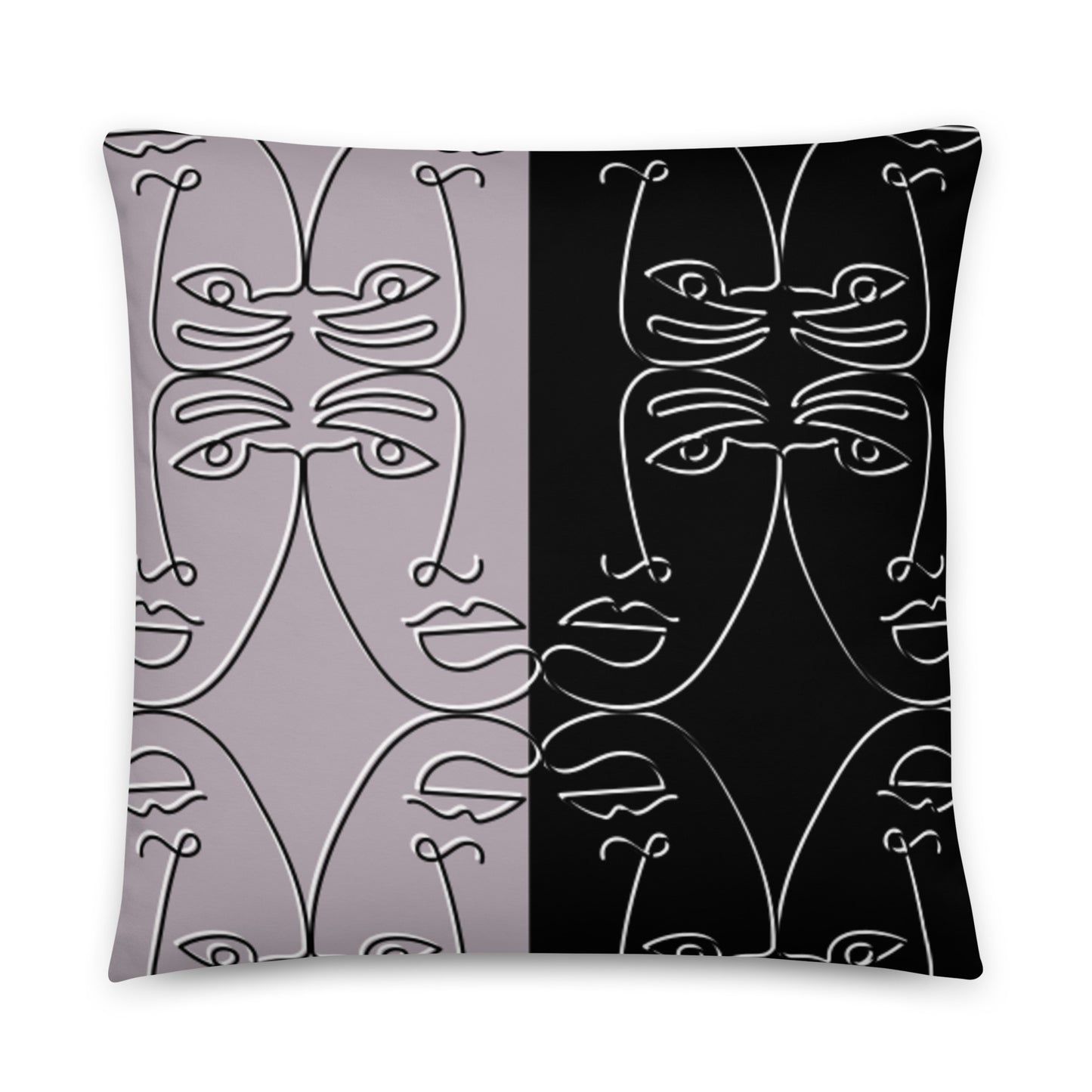 Artful Mix Pillow featuring abstract continuous line art of human faces in contrasting black and muted lavender tones, perfect for modern home decor.