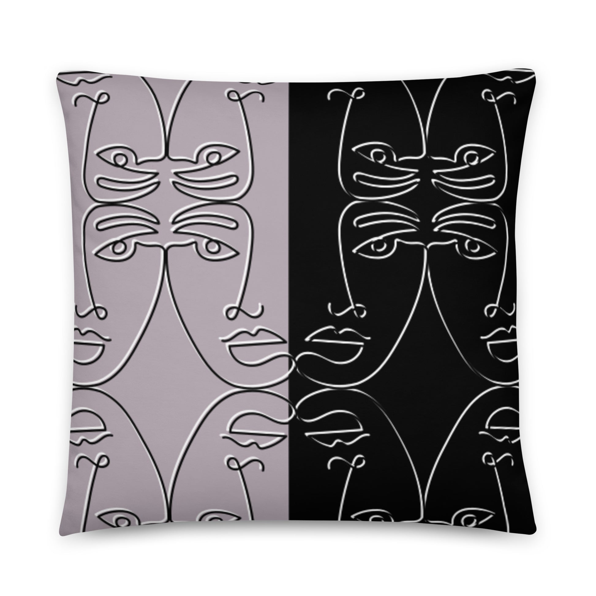 Artful Mix Pillow featuring abstract continuous line art of human faces in contrasting black and muted lavender tones, perfect for modern home decor.