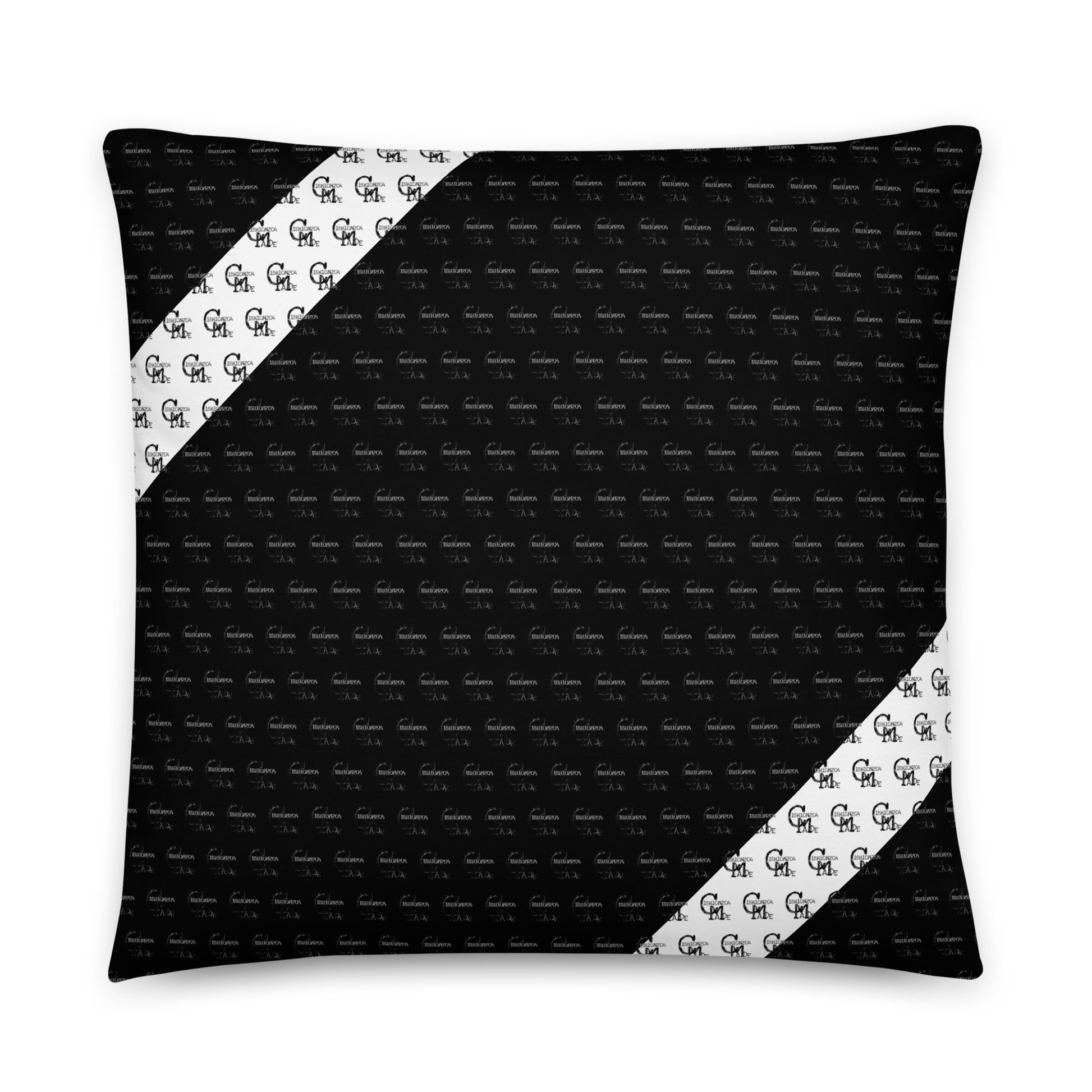 Black & White Ribbon Pillow featuring a sleek black background with contrasting white diagonal ribbon stripes adorned with a repeating monogram pattern, perfect for stylish home decor.