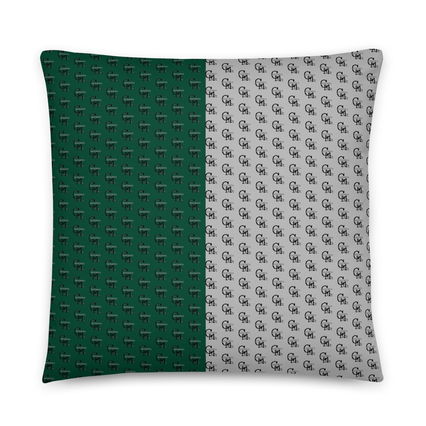 Melanin Made Pillow featuring a split design with dark green and light gray sections, each decorated with a repeating subtle pattern, perfect for stylish home decor.