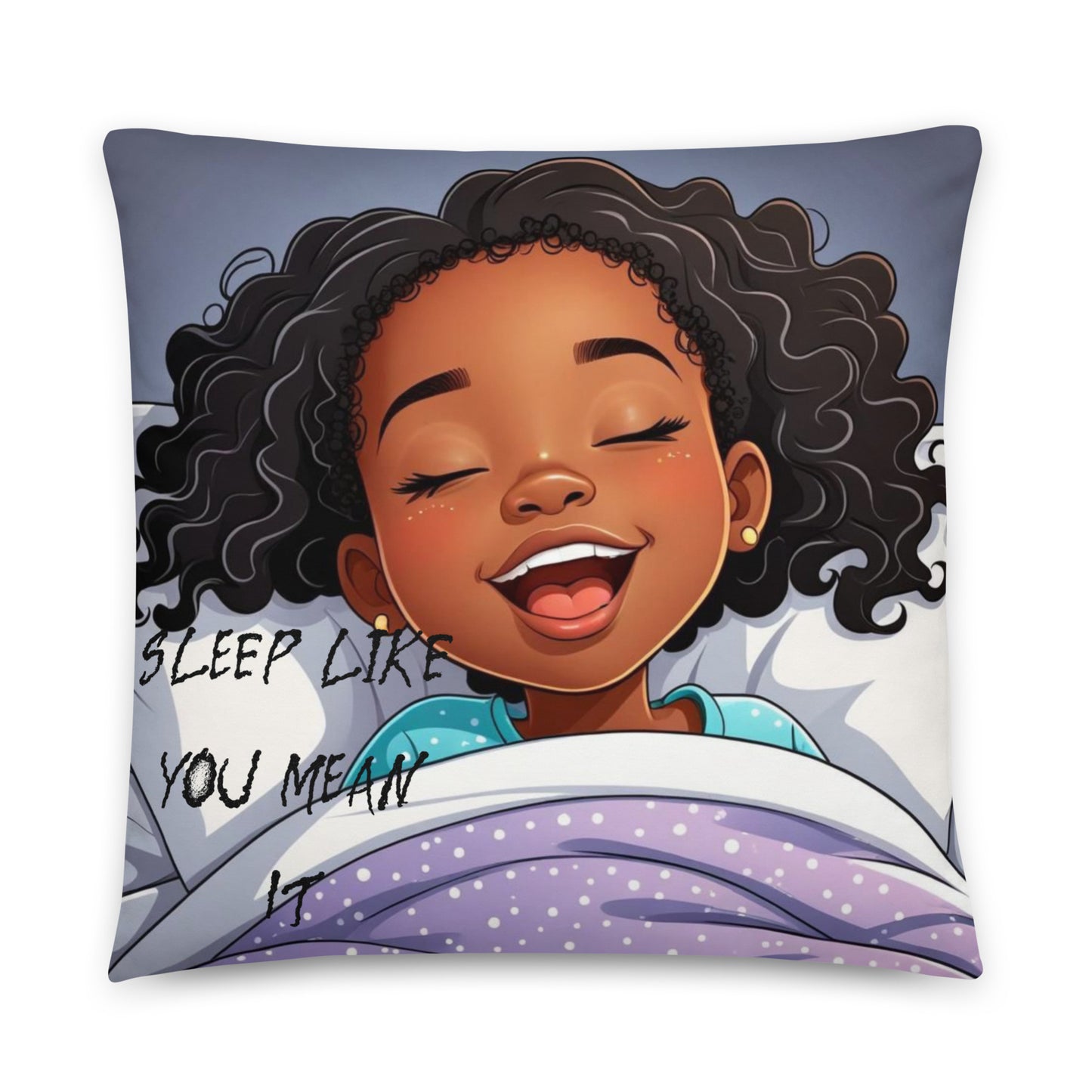 Sleep Like You Mean It Pillow featuring an illustration of a joyful Black girl with curly hair peacefully sleeping under a purple polka dot blanket on a soft pillow.