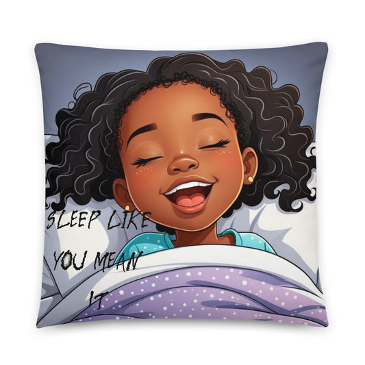 Sleep Like You Mean It Pillow featuring an illustration of a joyful Black girl with curly hair peacefully sleeping under a purple polka dot blanket on a soft pillow.