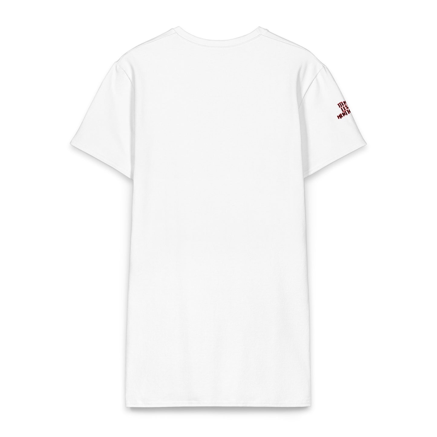 Back view of a plain white Love With a Full Heart Cotton T-Shirt Dress featuring a small red text design on the sleeve, made from soft cotton fabric for comfortable wear.