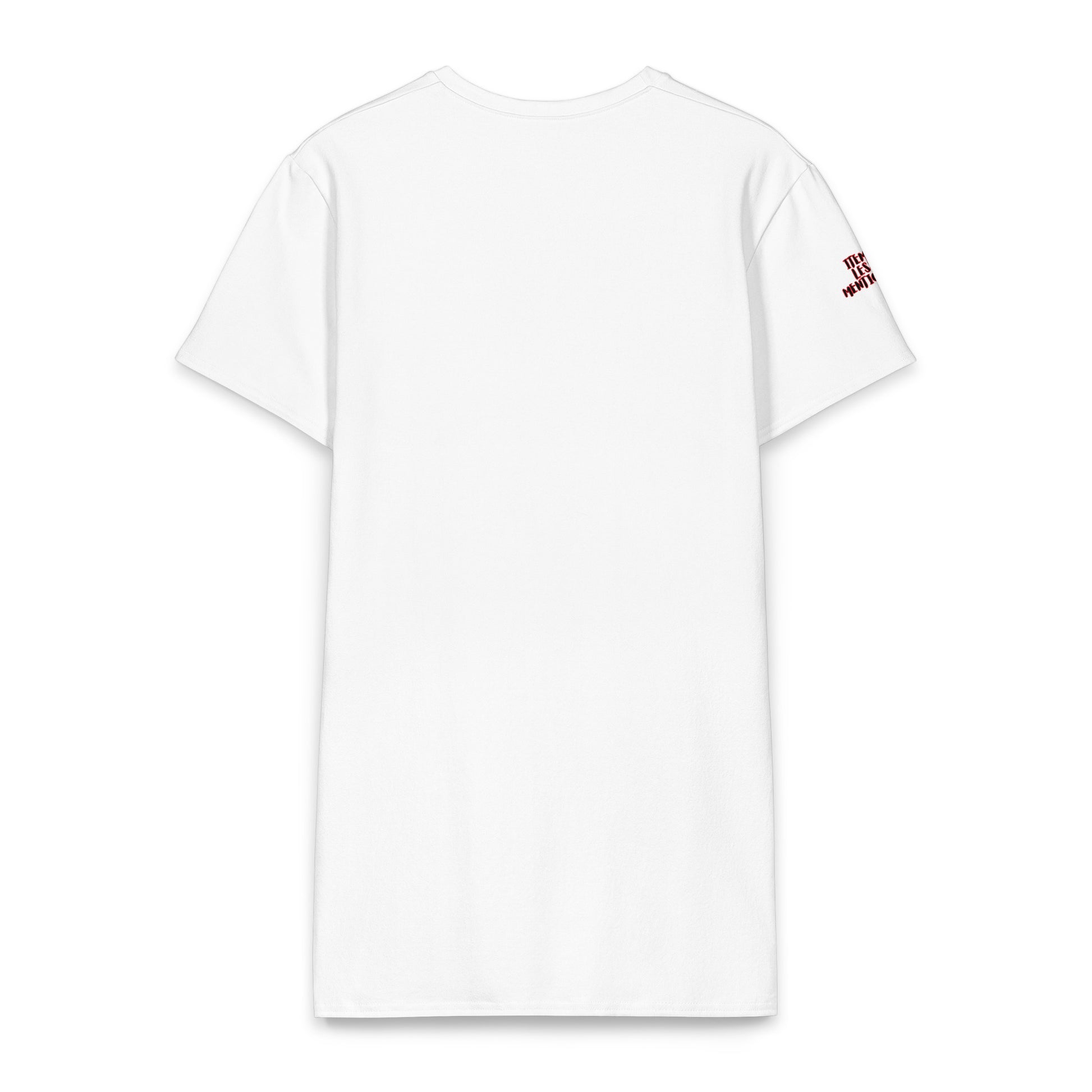 Back view of a plain white Love With a Full Heart Cotton T-Shirt Dress featuring a small red text design on the sleeve, made from soft cotton fabric for comfortable wear.