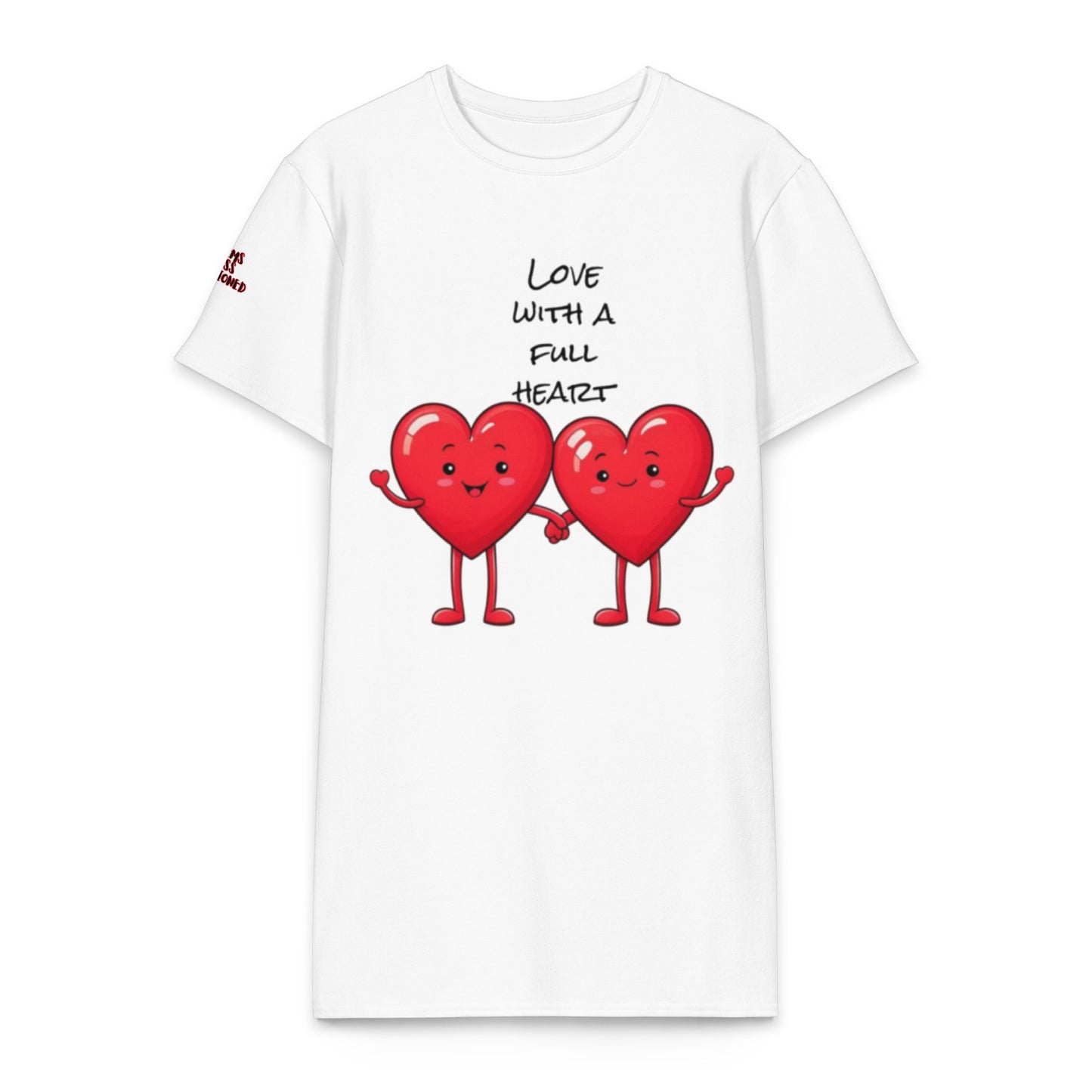 White cotton T-shirt dress featuring two smiling cartoon hearts holding hands with the text Love With a Full Heart Cotton T-Shirt Dress above them.