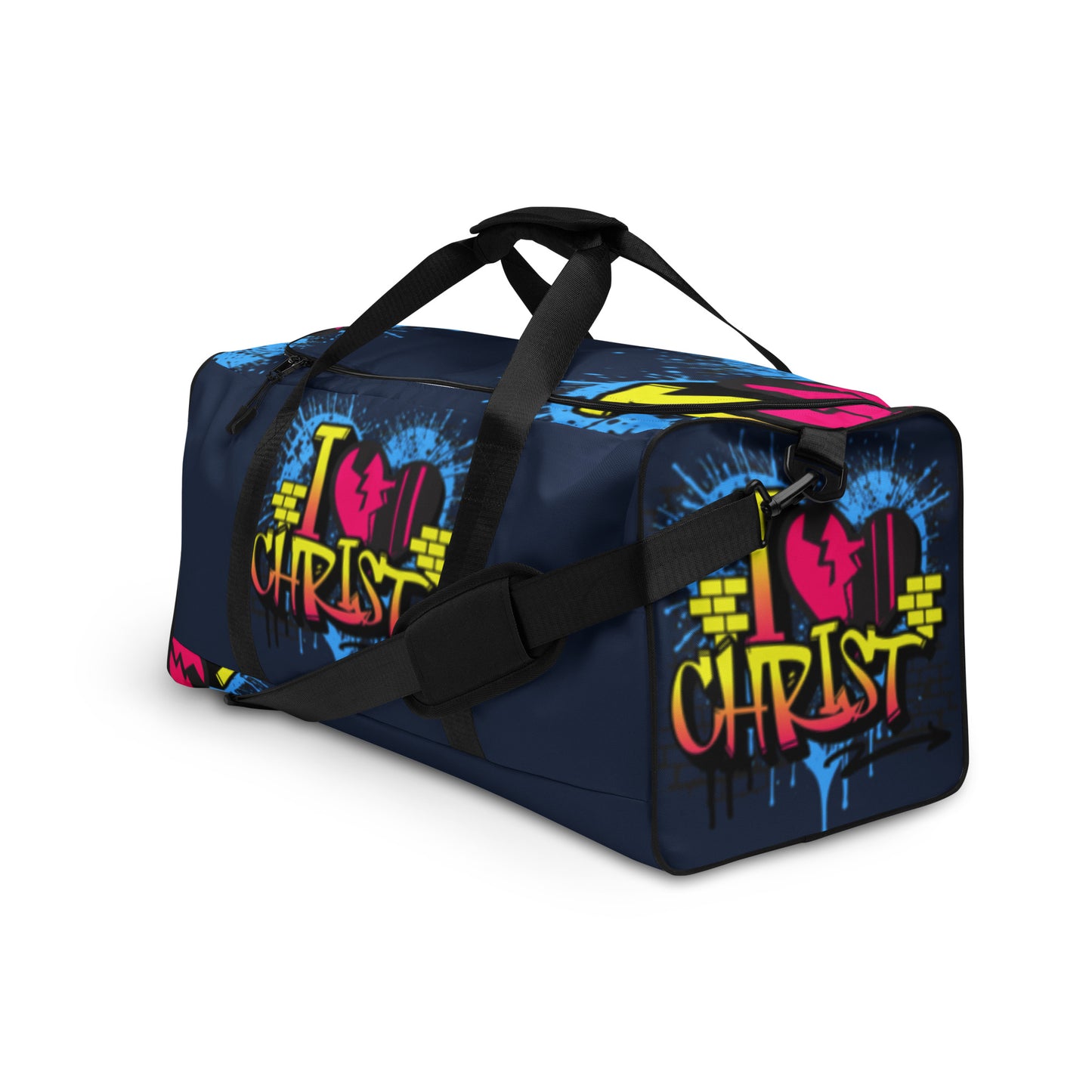 Duffle Bag – I Love Christ with vibrant, faith-inspired street art design featuring bold colors and melanin-rich imagery, perfect for purpose-driven Christian gifts and apparel.