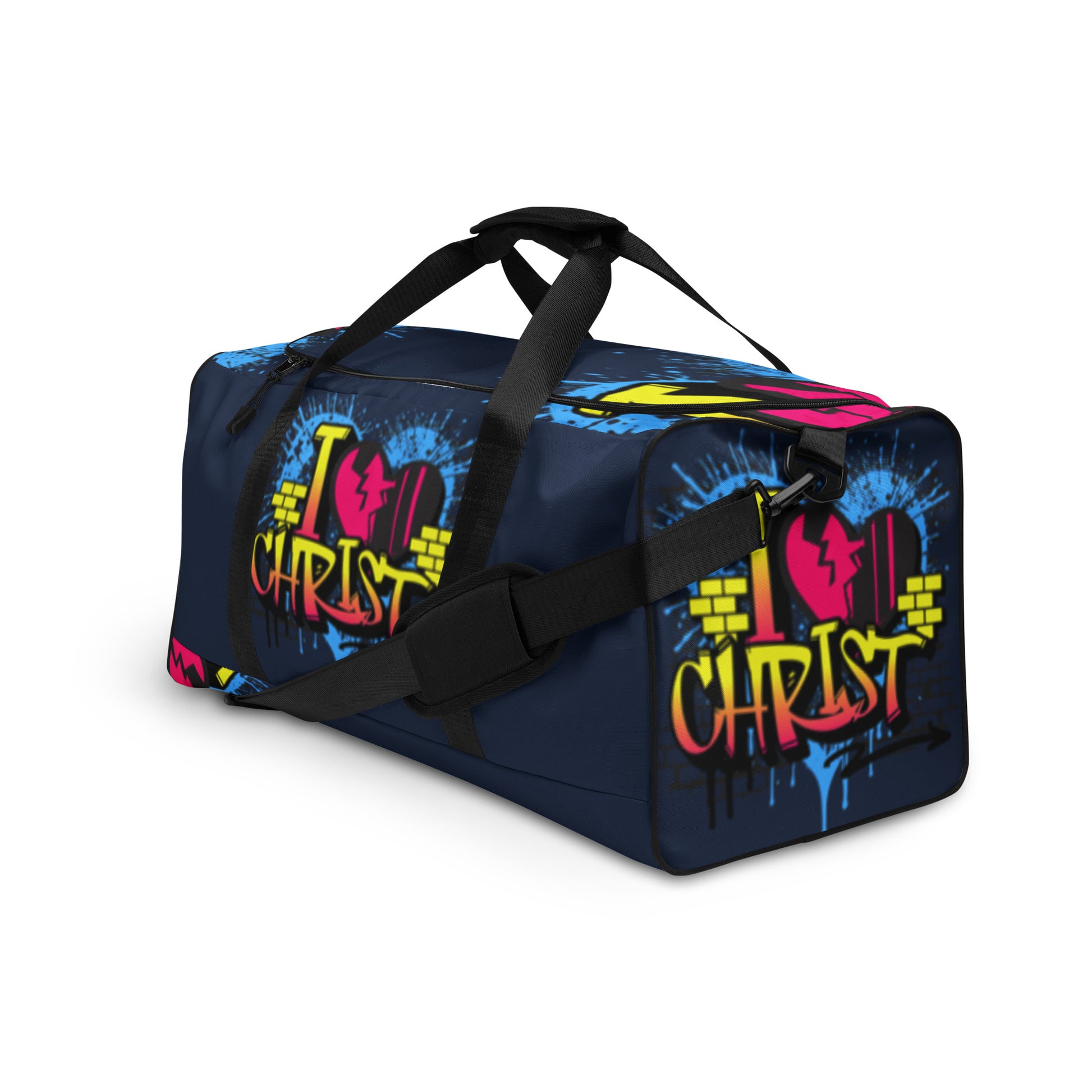 Duffle Bag – I Love Christ with vibrant, faith-inspired street art design featuring bold colors and melanin-rich imagery, perfect for purpose-driven Christian gifts and apparel.