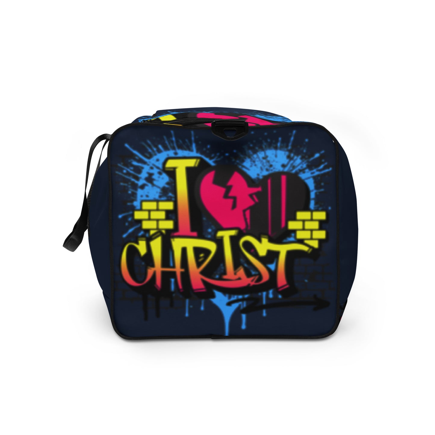 Duffle Bag – I Love Christ featuring vibrant graffiti-style design with bold colors and faith-inspired messaging, perfect for purpose-driven clothing and inspirational gifts.