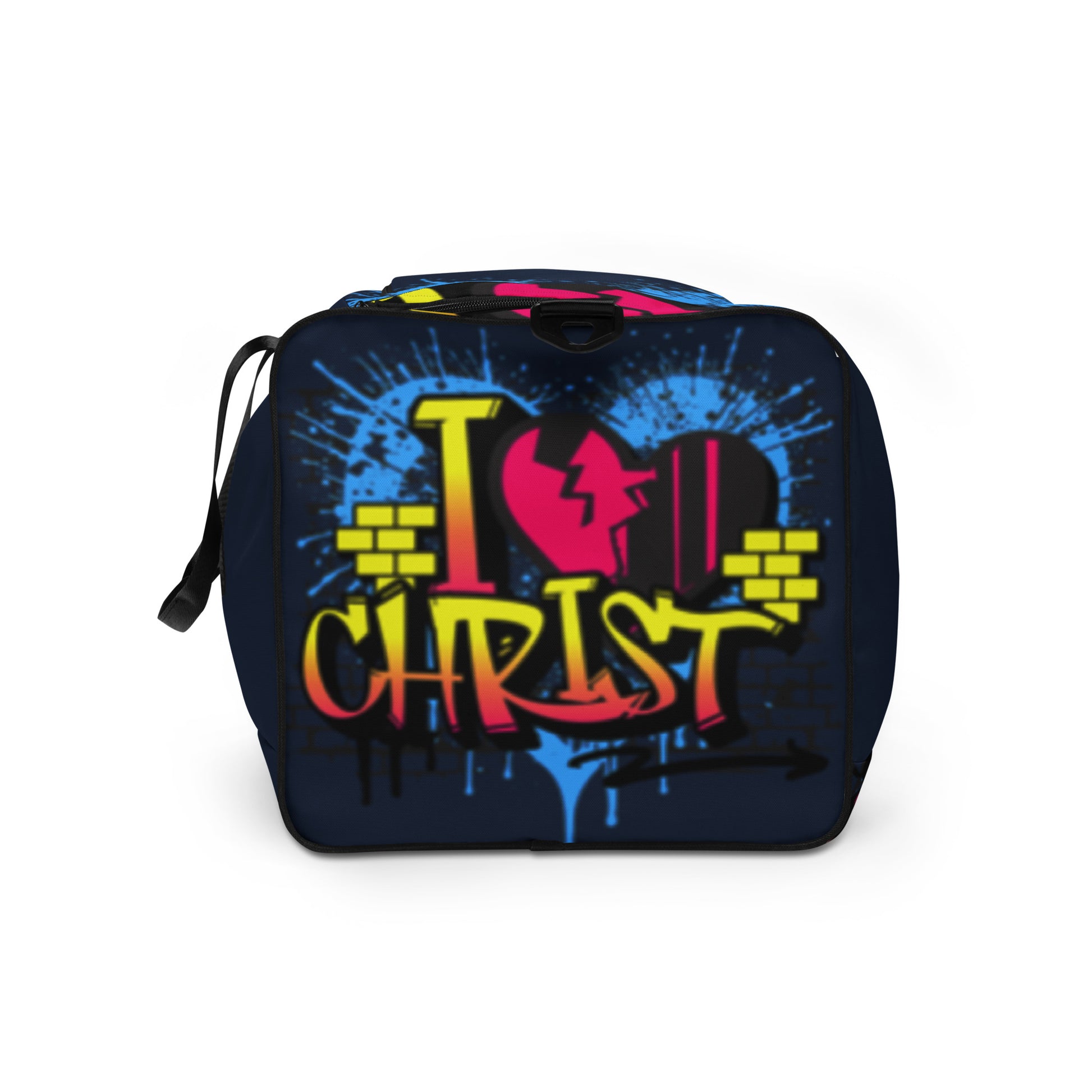 Duffle Bag – I Love Christ featuring vibrant graffiti-style design with bold colors and faith-inspired messaging, perfect for purpose-driven clothing and inspirational gifts.