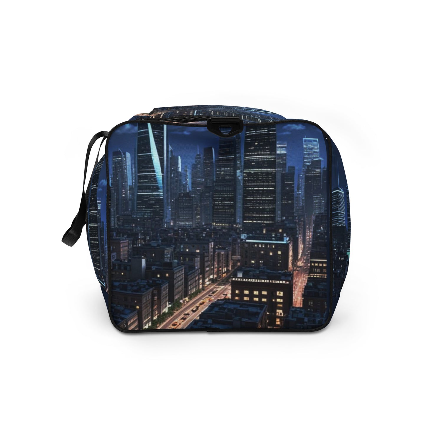 Duffle Bag – Night Life featuring a detailed nighttime cityscape print with illuminated skyscrapers and streets on a durable, white fabric duffle bag with black straps.