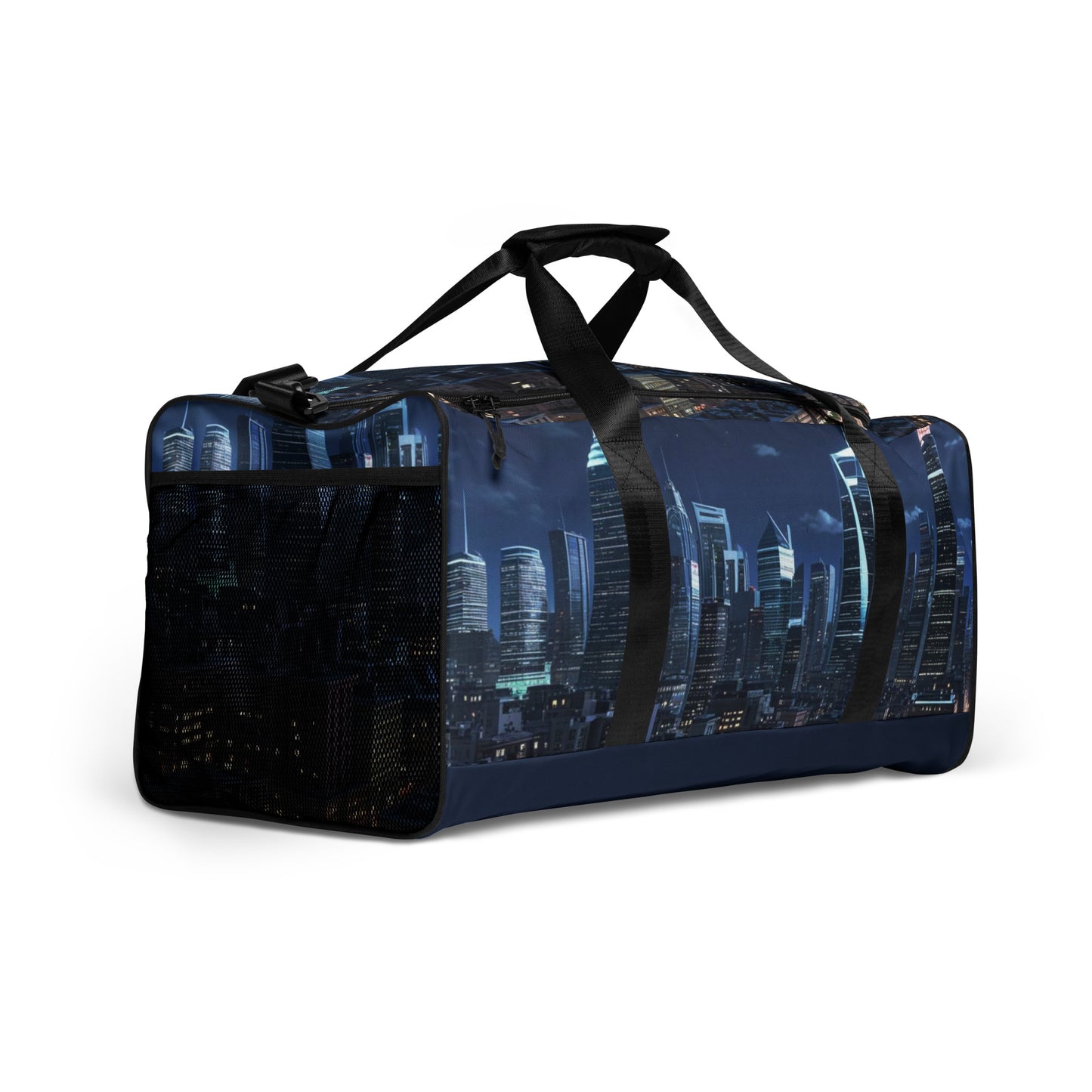 Duffle Bag – Night Life featuring a night city skyline print, with black handles and side mesh pocket, designed for stylish travel and everyday use.