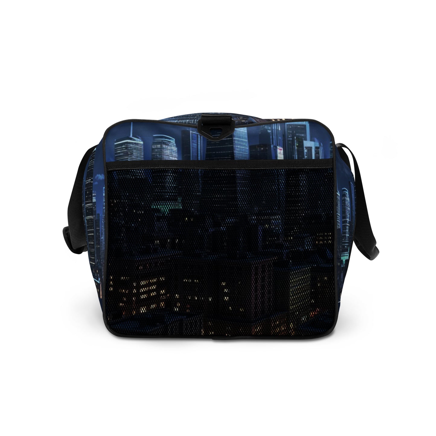 Duffle Bag – Night Life featuring a stylish city skyline at night with illuminated buildings and a front mesh pocket for easy storage.