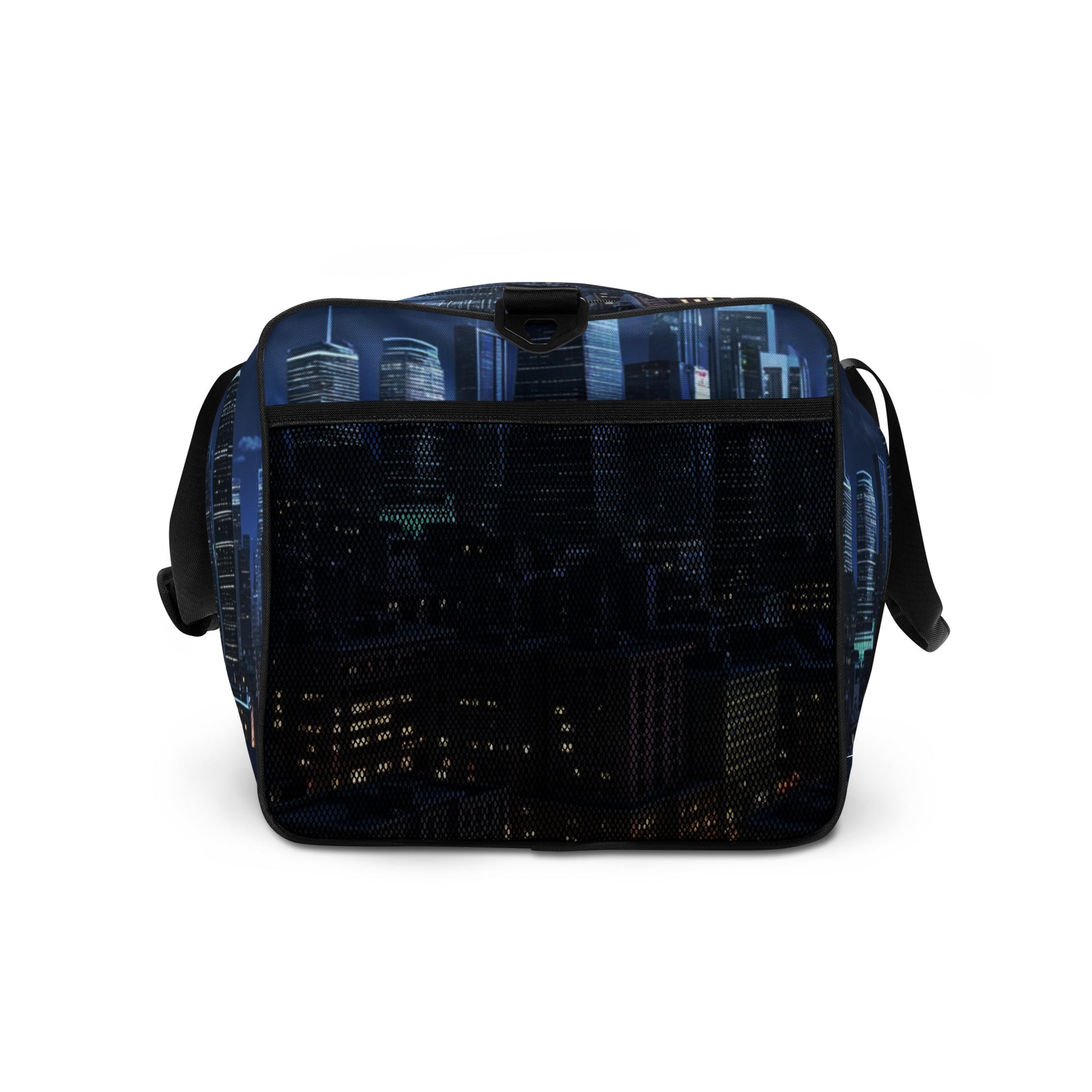 Duffle Bag – Night Life featuring a stylish city skyline at night with illuminated buildings and a front mesh pocket for easy storage.