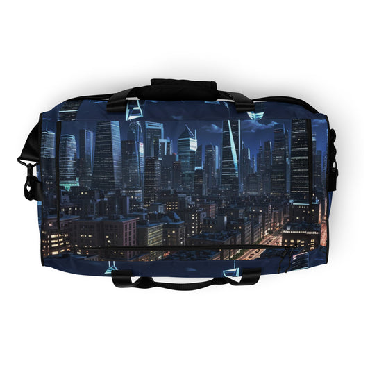 Duffle Bag – Night Life featuring a vibrant night cityscape print with illuminated skyscrapers, perfect for stylish travel or everyday use.