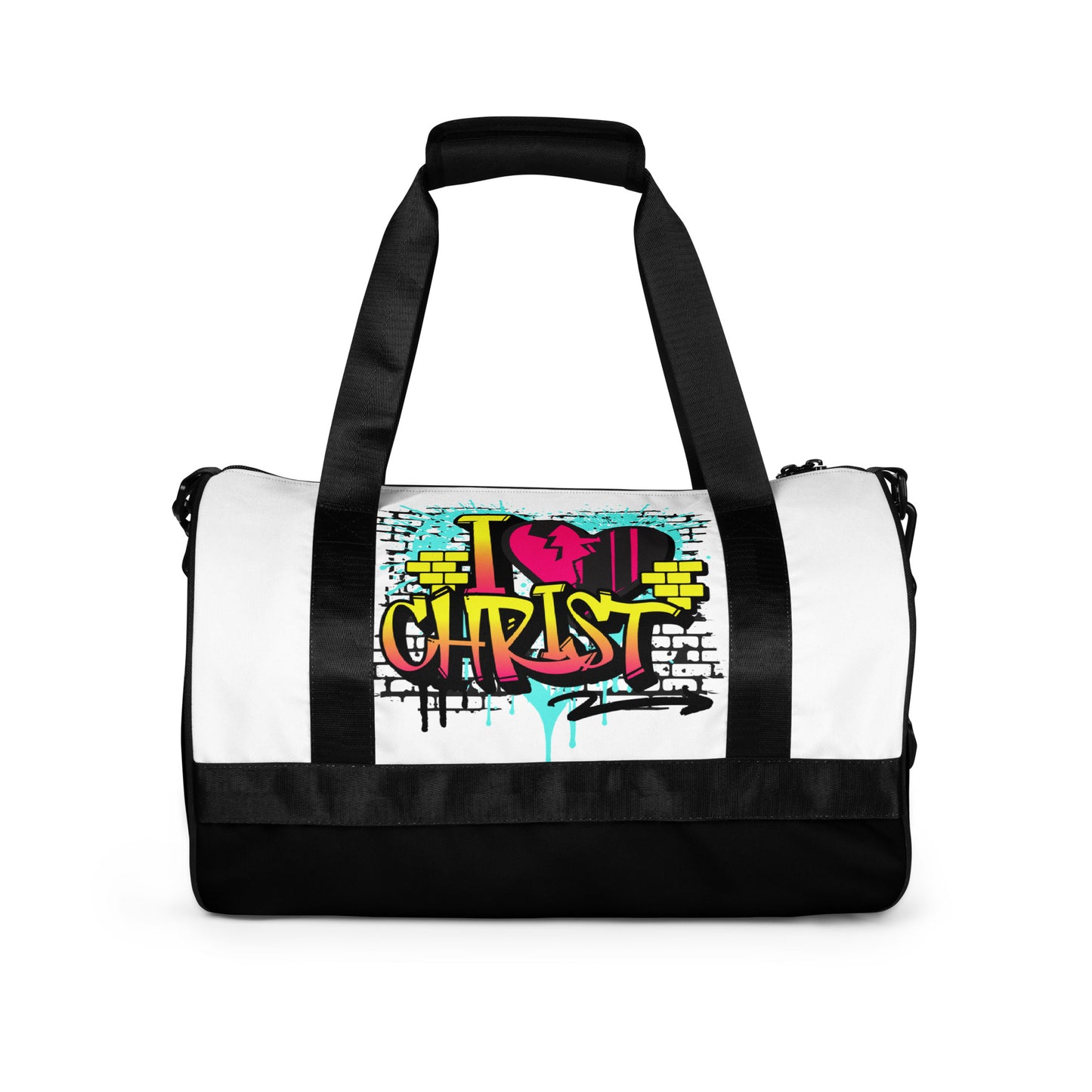 Gym Bag – I Love Christ (Black & White) featuring vibrant graffiti art design with bold colors, combining faith-inspired apparel and purpose-driven messaging to inspire and empower.