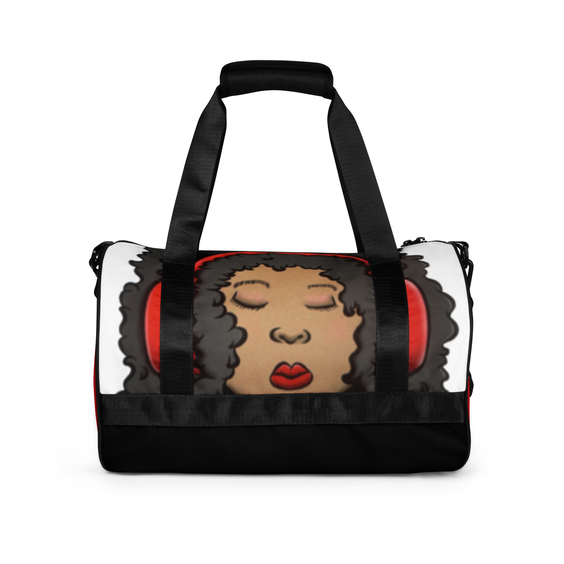 Gym Bag – Issa Duffle featuring a bold design of a woman with curly hair wearing red headphones, with black handles and a sturdy base for versatile use.
