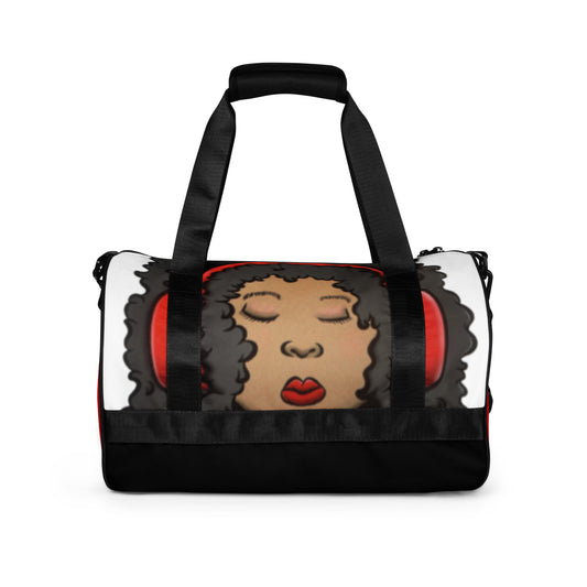 Gym Bag – Issa Duffle featuring a bold design of a woman with curly hair wearing red headphones, with black handles and a sturdy base for versatile use.