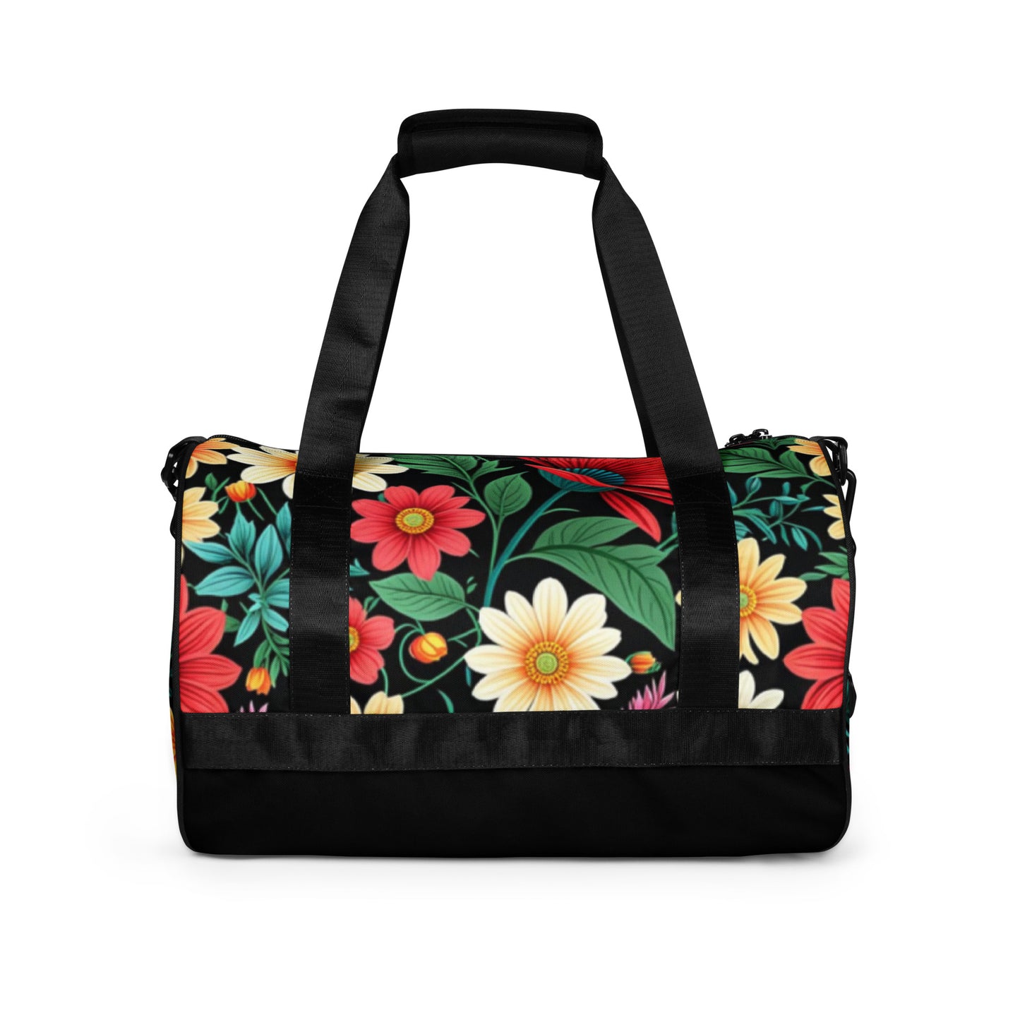Gym Bag – Floral with vibrant multicolor flower patterns on a black background, featuring sturdy black handles and a spacious interior for versatile use.