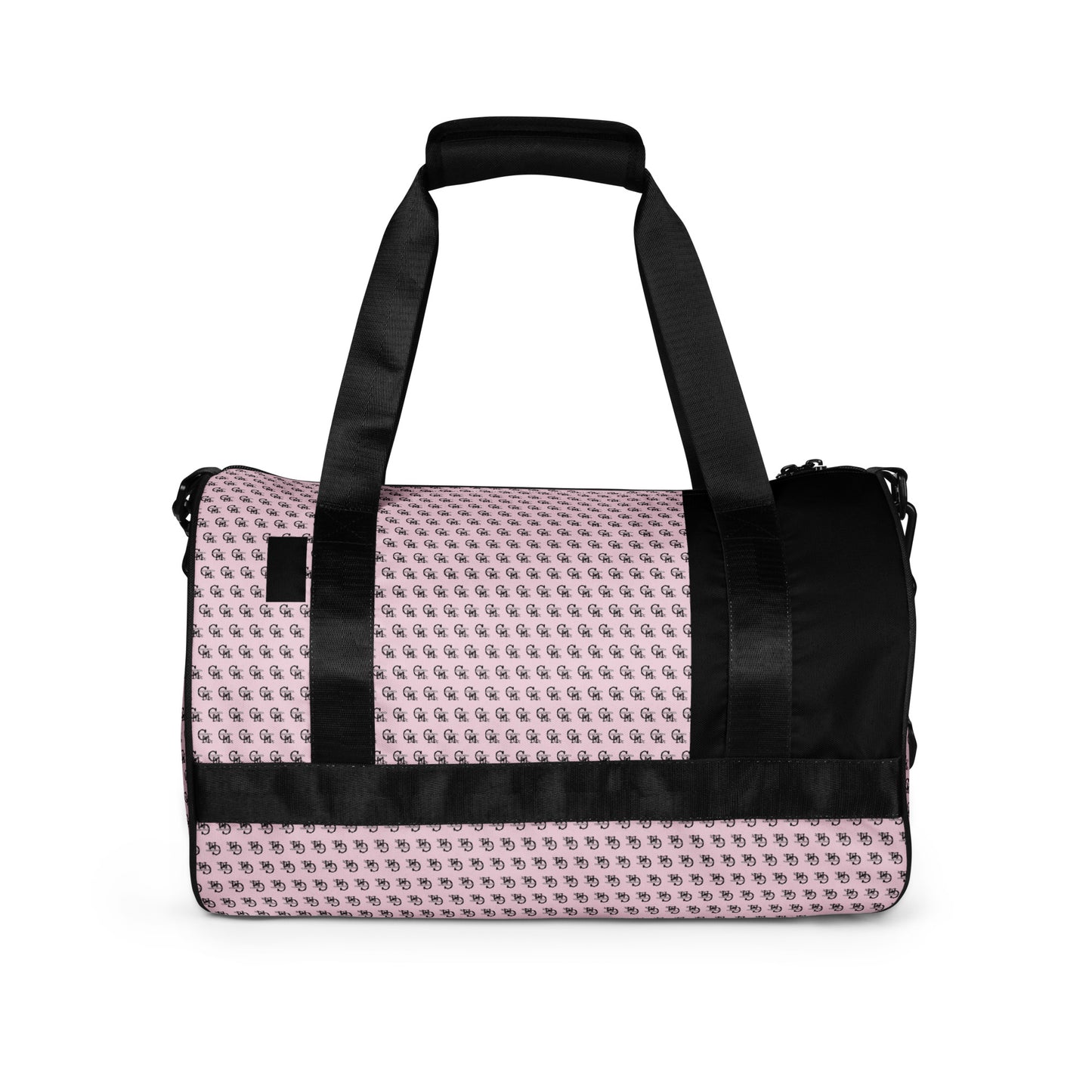 Gym Bag – Pretty in Pink featuring a light pink fabric with a subtle repeating pattern, black adjustable shoulder straps, and black accents for a stylish and functional gym accessory.