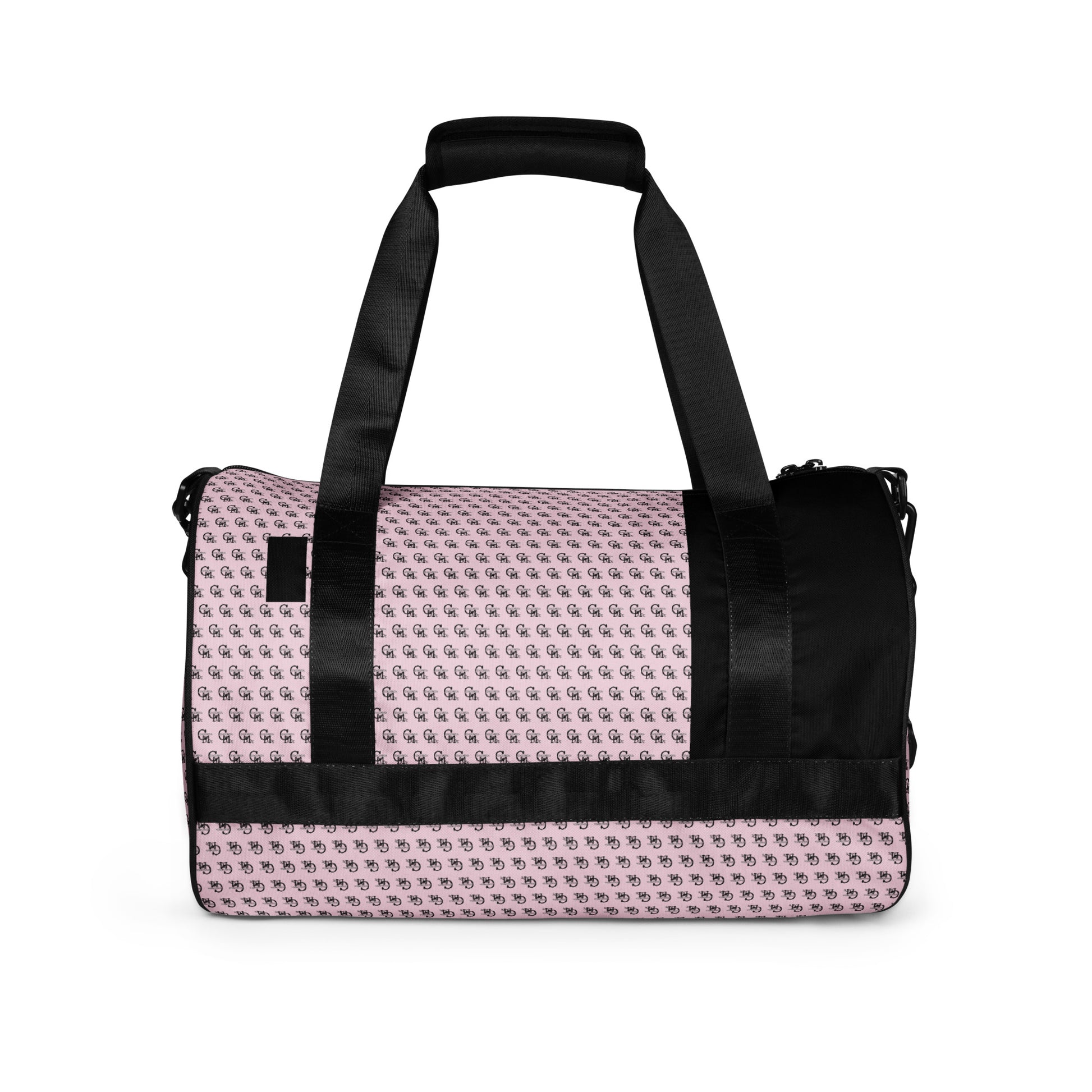 Gym Bag – Pretty in Pink featuring a light pink fabric with a subtle repeating pattern, black adjustable shoulder straps, and black accents for a stylish and functional gym accessory.