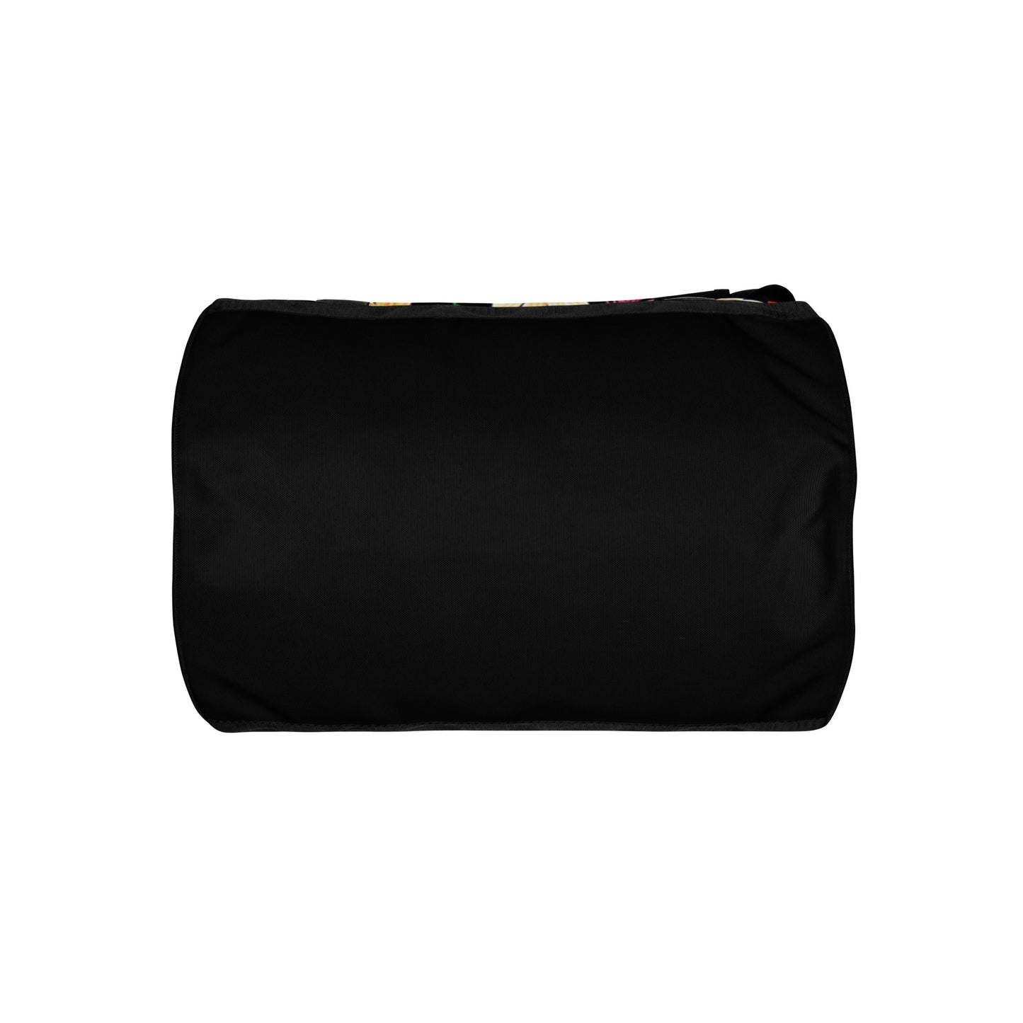 Bottom view of a black Gym Bag – Floral showing the solid base designed for durability and support, suited for carrying apparel and athletic gear.