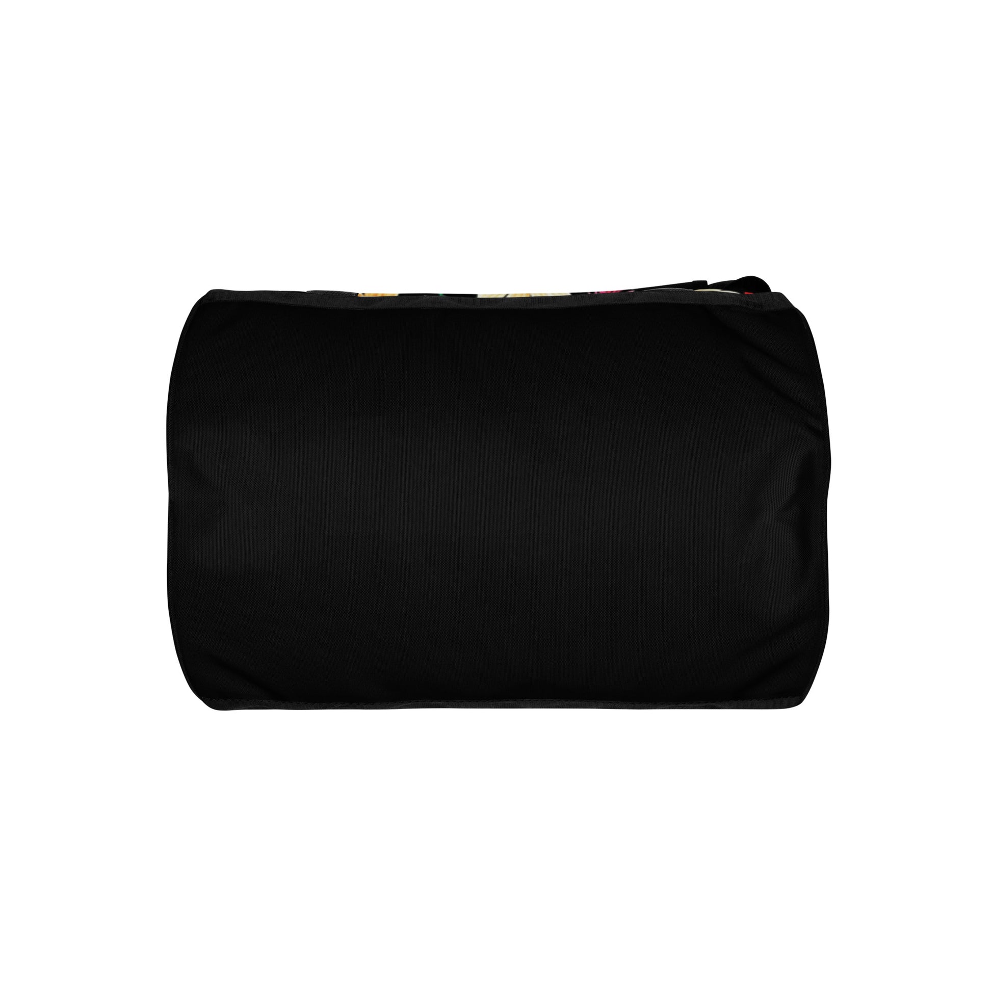 Bottom view of a black Gym Bag – Floral showing the solid base designed for durability and support, suited for carrying apparel and athletic gear.