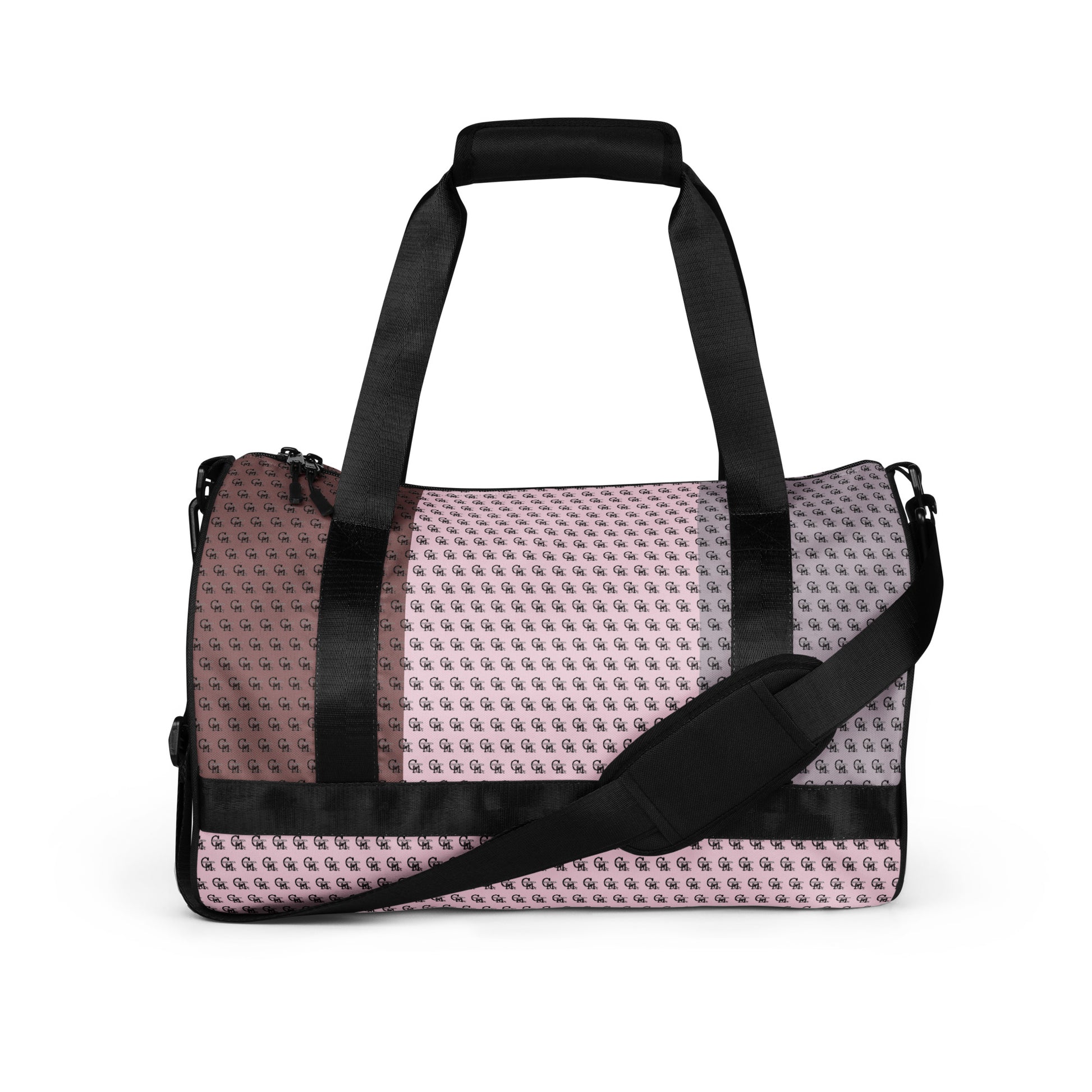 Gym Bag – Pretty in Pink featuring a stylish pattern in soft pink and brown shades with black straps and an adjustable shoulder strap for easy carrying.
