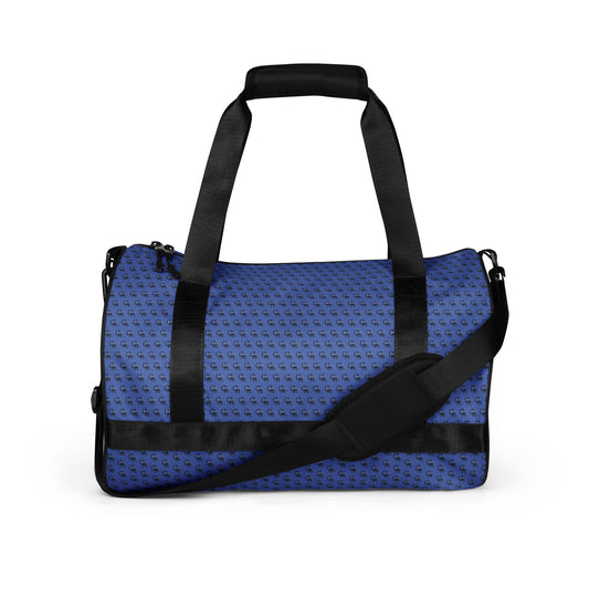 Gym Bag – Midnight with a blue all-over print design, featuring black straps and an adjustable shoulder pad for comfortable carrying.