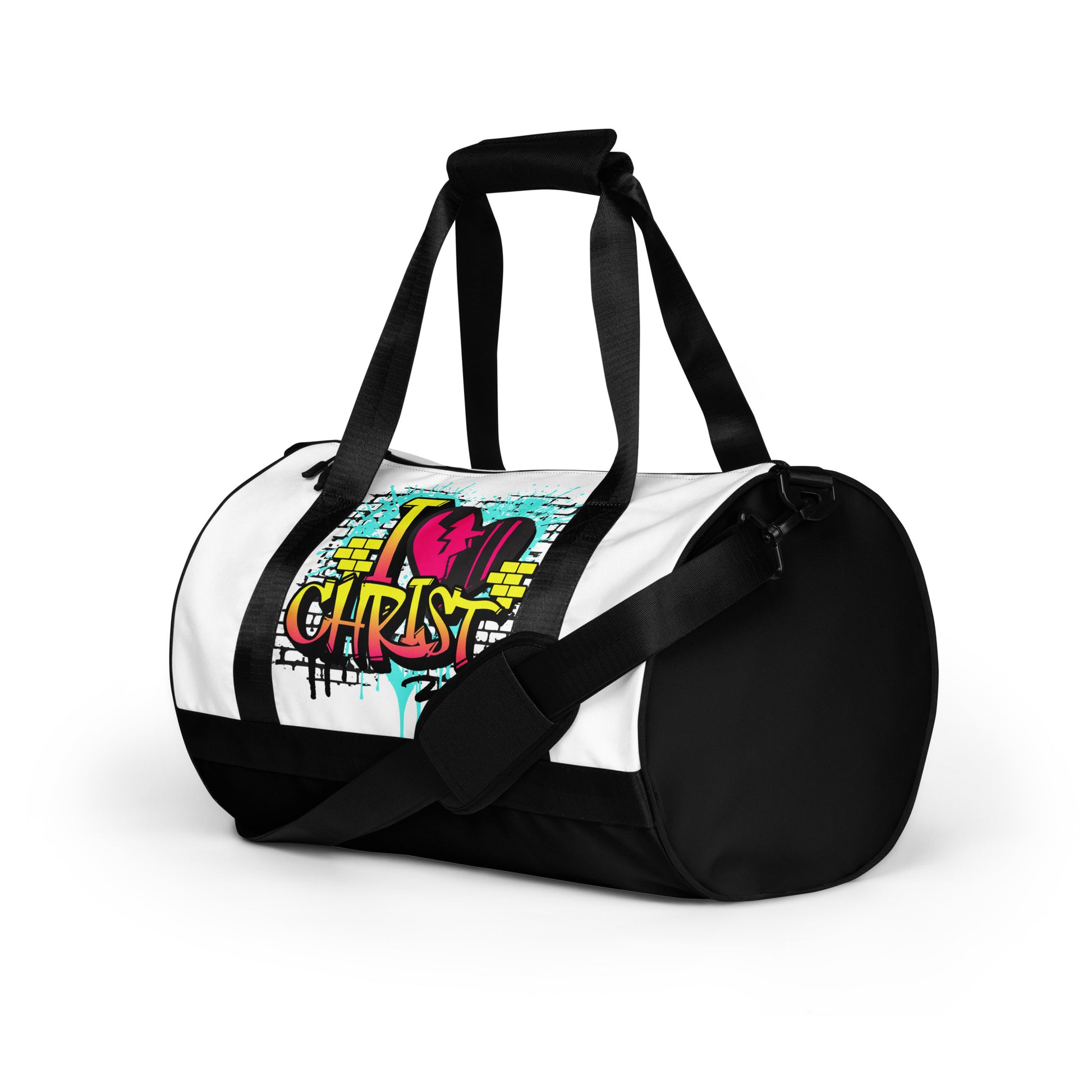 Gym Bag – I Love Christ (Black & White) featuring vibrant faith-inspired graffiti design with melanin-rich imagery, combining purpose-driven messaging and stylish Black owned fashion.