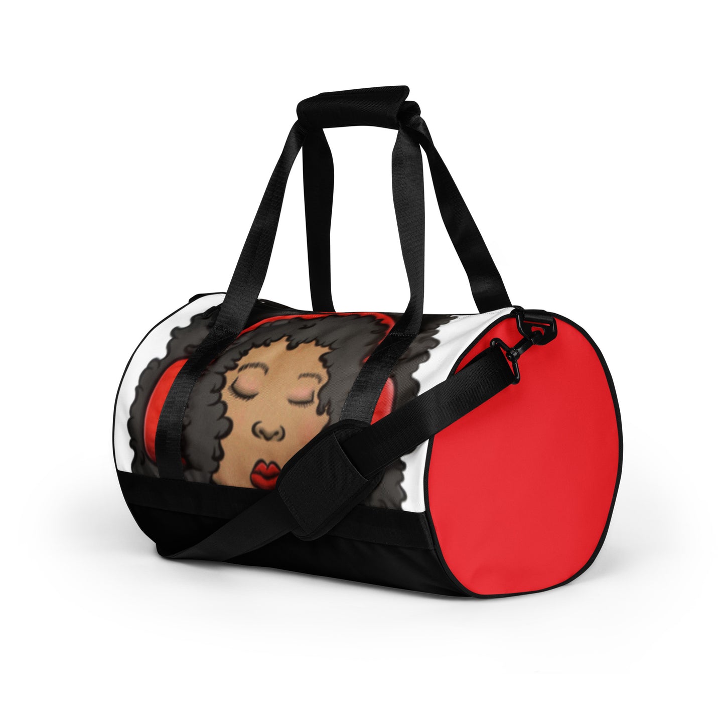 Gym Bag – Issa Duffle featuring a side view of a stylish duffle bag with black straps and a vibrant red end panel, adorned with an artistic illustration of a woman with curly hair and bold red lips.