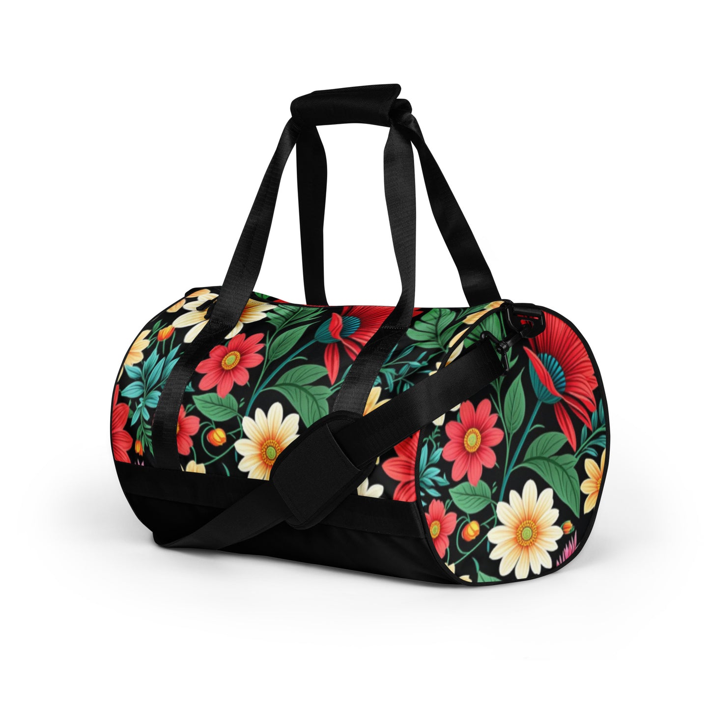 Gym Bag – Floral featuring a vibrant all-over print with colorful flowers on a black background, equipped with black handles and an adjustable shoulder strap.