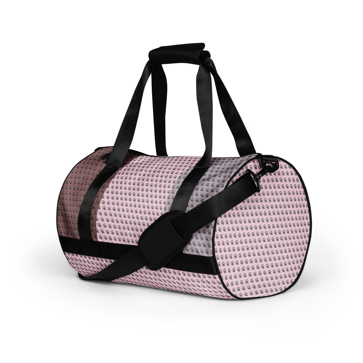 Gym Bag – Pretty in Pink featuring a stylish pink all-over print with black adjustable shoulder strap and handles, perfect for carrying workout essentials.