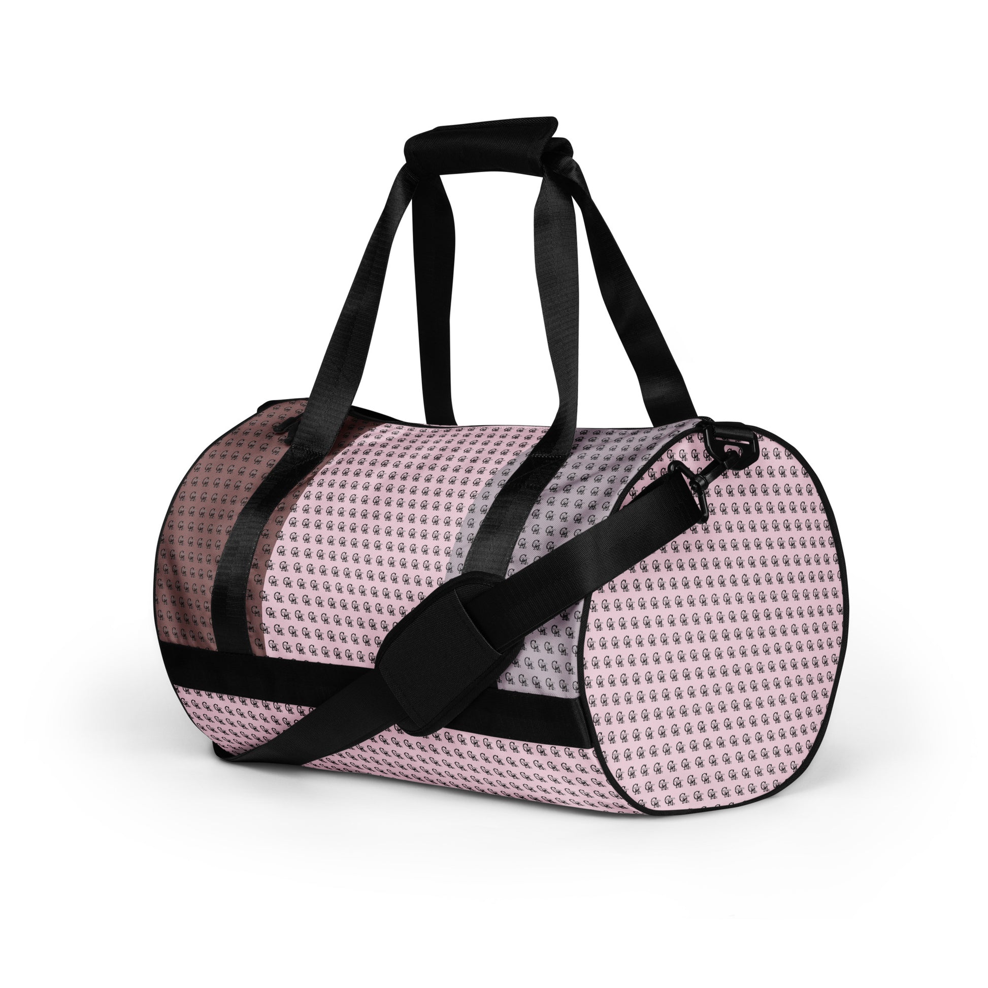 Gym Bag – Pretty in Pink featuring a stylish pink all-over print with black adjustable shoulder strap and handles, perfect for carrying workout essentials.