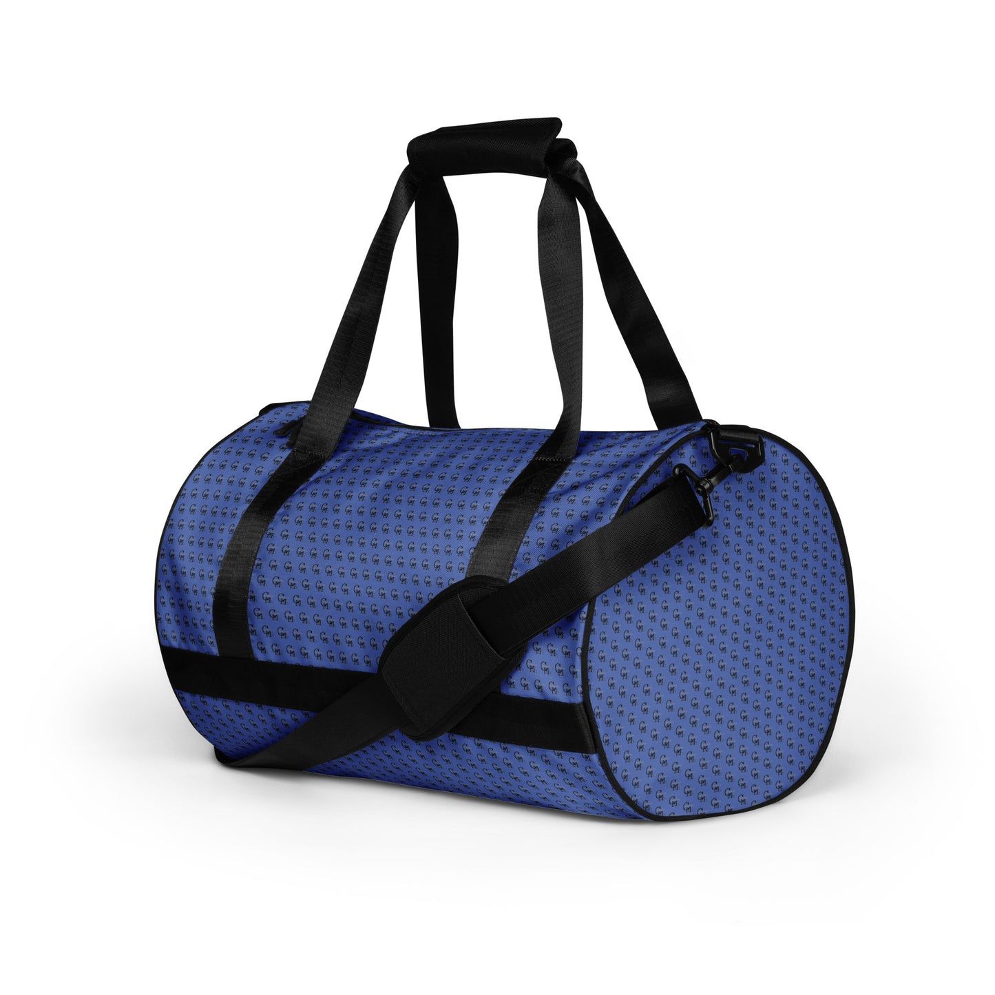 Blue patterned Gym Bag – Midnight with black straps and an adjustable shoulder strap, designed for convenient and stylish carrying of workout essentials.