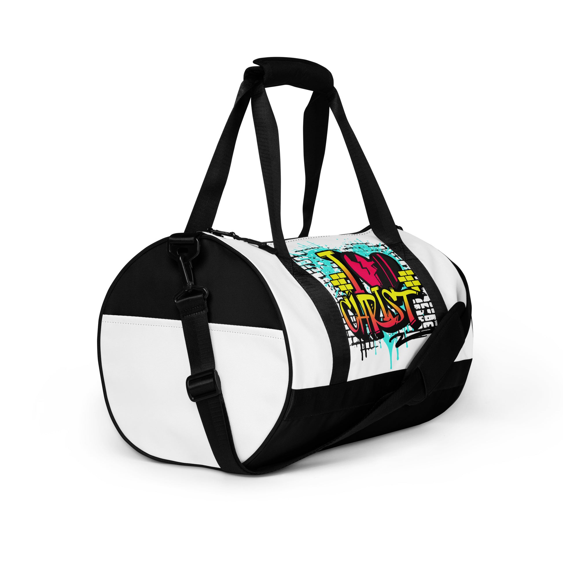Gym Bag – I Love Christ (Black & White) with a colorful graffiti-style faith-inspired design, featuring durable black and white material, ideal for purpose-driven and inspirational use.