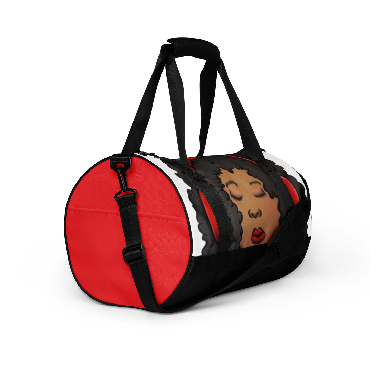 Gym Bag – Issa Duffle featuring a vibrant design with a red side panel and artistic illustration of a serene woman with closed eyes and curly hair on a white and black background.
