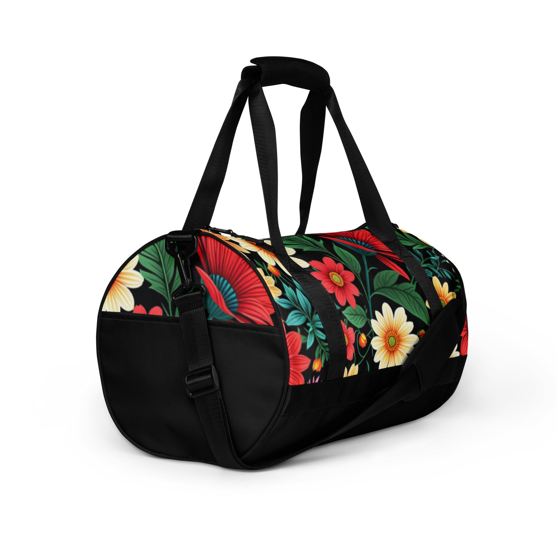 Gym Bag – Floral featuring a vibrant floral pattern with red, yellow, and green tones on a black base, designed with sturdy black straps and a convenient side pocket.