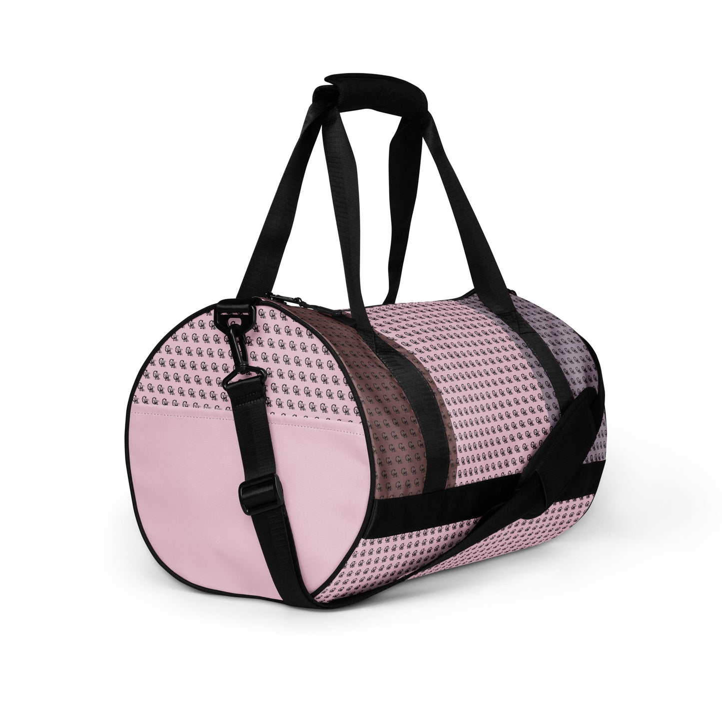 Gym Bag – Pretty in Pink featuring a stylish all-over pattern in shades of pink with black adjustable shoulder and hand straps, designed for convenient and fashionable use.