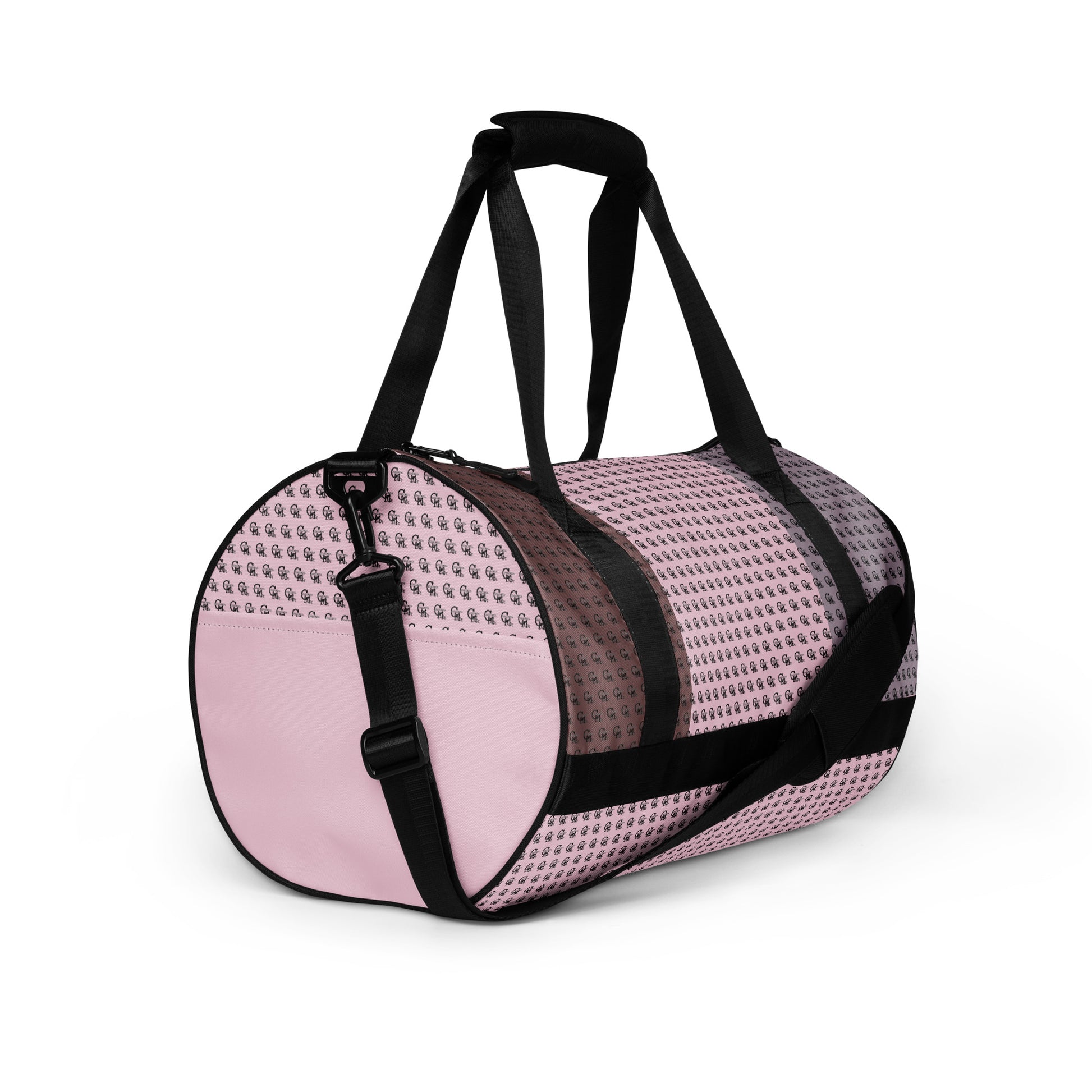 Gym Bag – Pretty in Pink featuring a stylish all-over pattern in shades of pink with black adjustable shoulder and hand straps, designed for convenient and fashionable use.