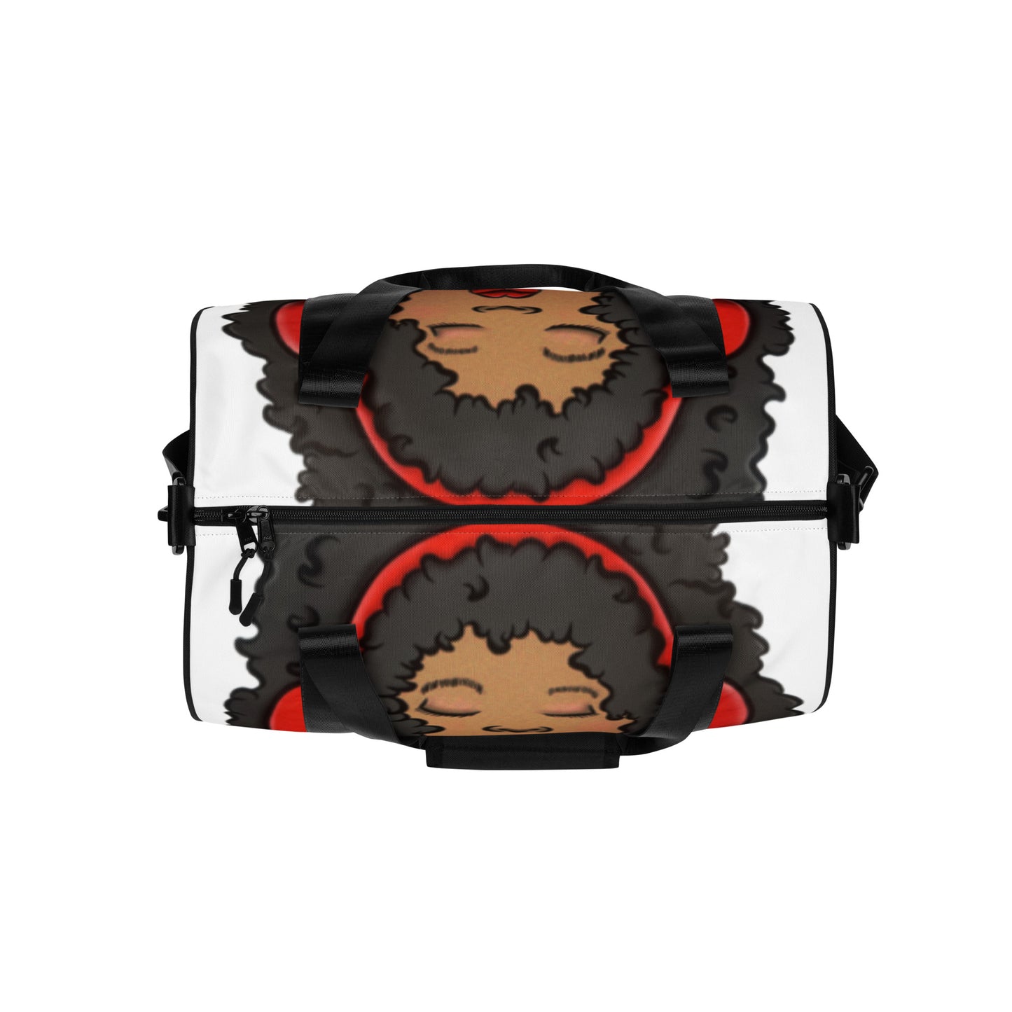 Gym Bag – Issa Duffle with an artistic design featuring a woman with curly hair wearing red headphones on a white background, showcasing a stylish and unique print-on-demand accessory.