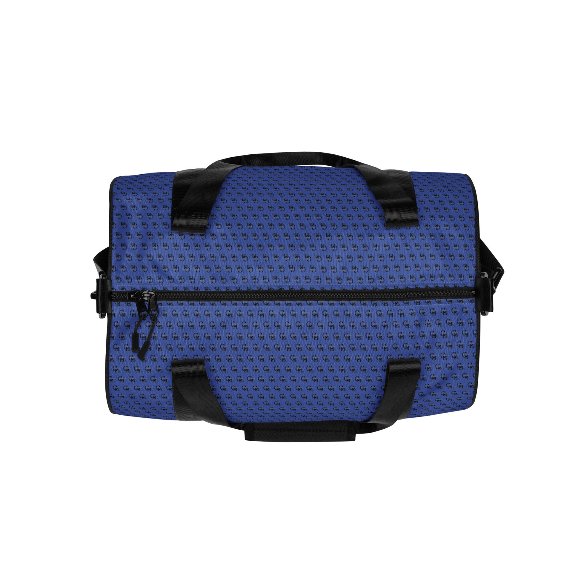 Top view of a blue and black Gym Bag – Midnight with a textured pattern, black handles, and a zipper pocket on a white background.