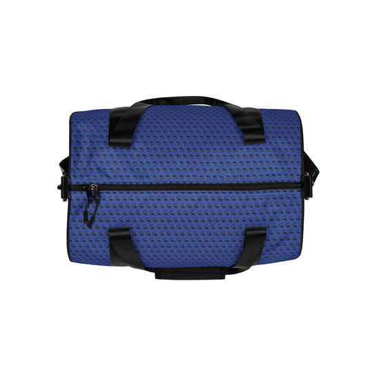 Top view of a blue and black Gym Bag – Midnight with a textured pattern, black handles, and a zipper pocket on a white background.