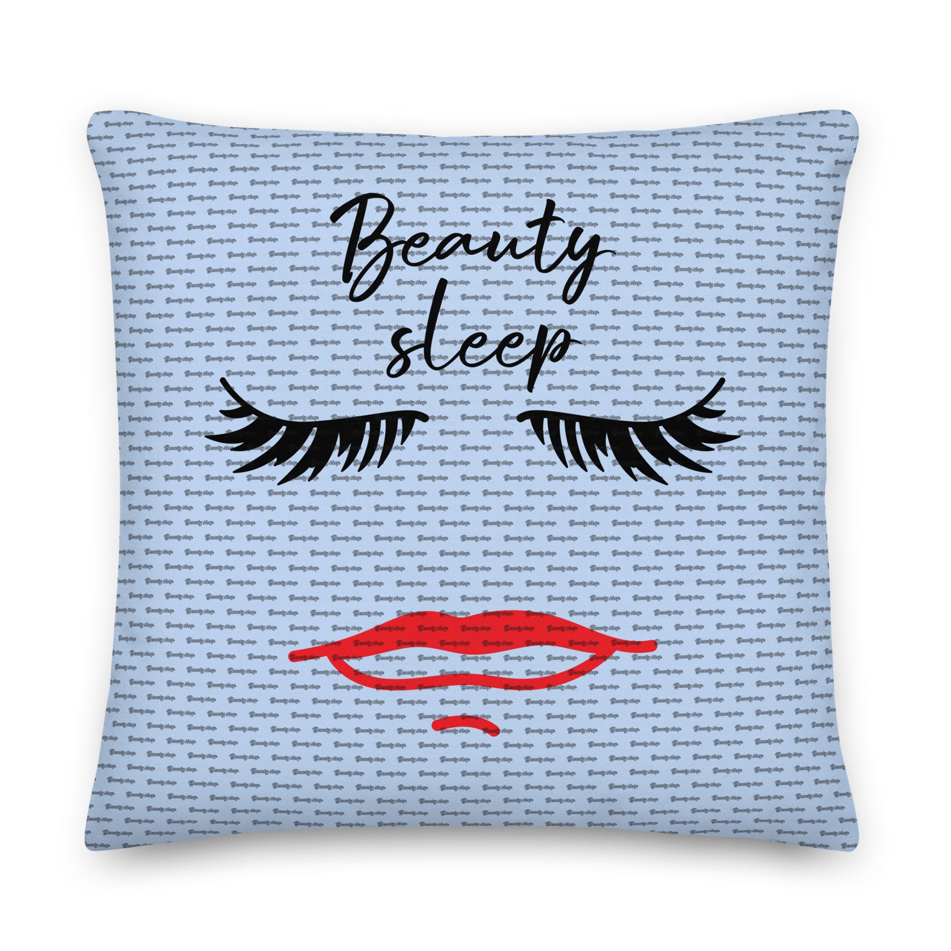 Square Beauty Sleep Pillow with a light blue background, featuring closed black eyelashes above the words "Beauty sleep" and bold red lips below, designed for home decor.