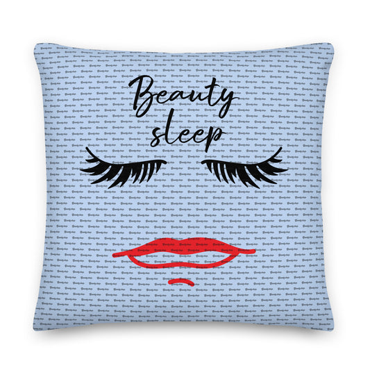 Square Beauty Sleep Pillow with a light blue background, featuring closed black eyelashes above the words "Beauty sleep" and bold red lips below, designed for home decor.