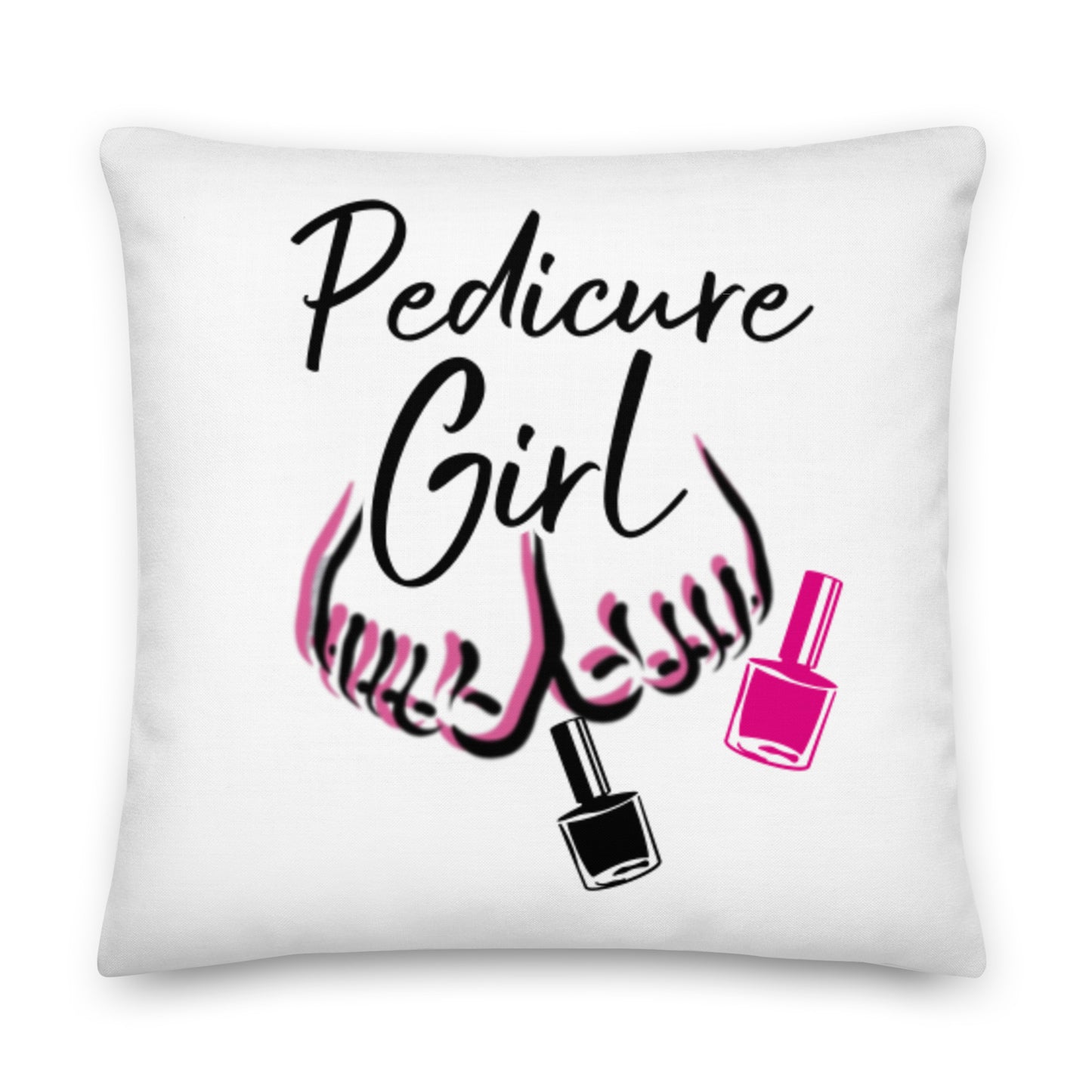 White decorative pillow featuring the phrase Pedicure Girl in black script above stylized feet with pink and black nail polish bottles, designed for home decor.