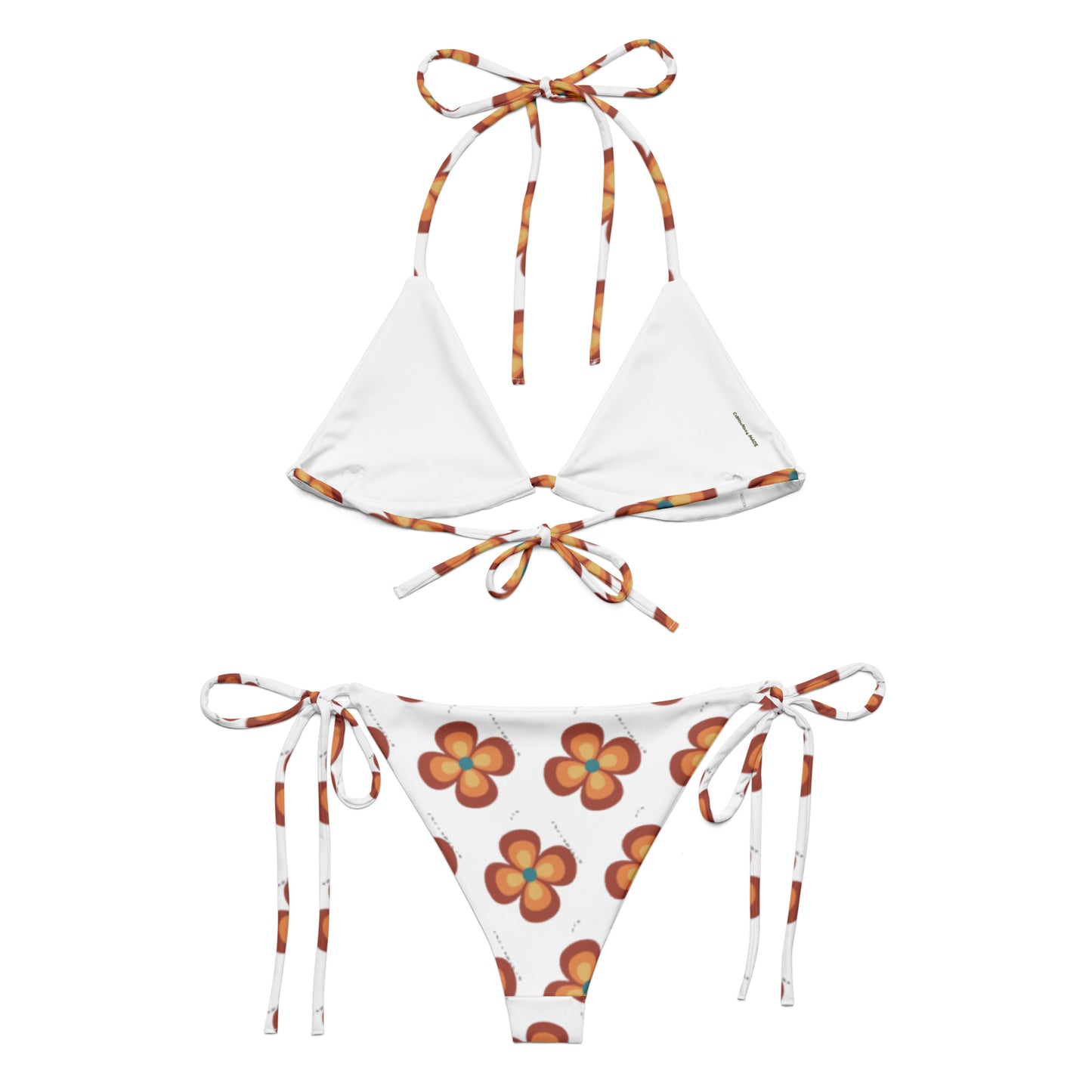 Flower Power Orange & Brown Recycled String Bikini with white fabric featuring orange and brown floral print, adjustable tie straps, and eco-friendly recycled material.