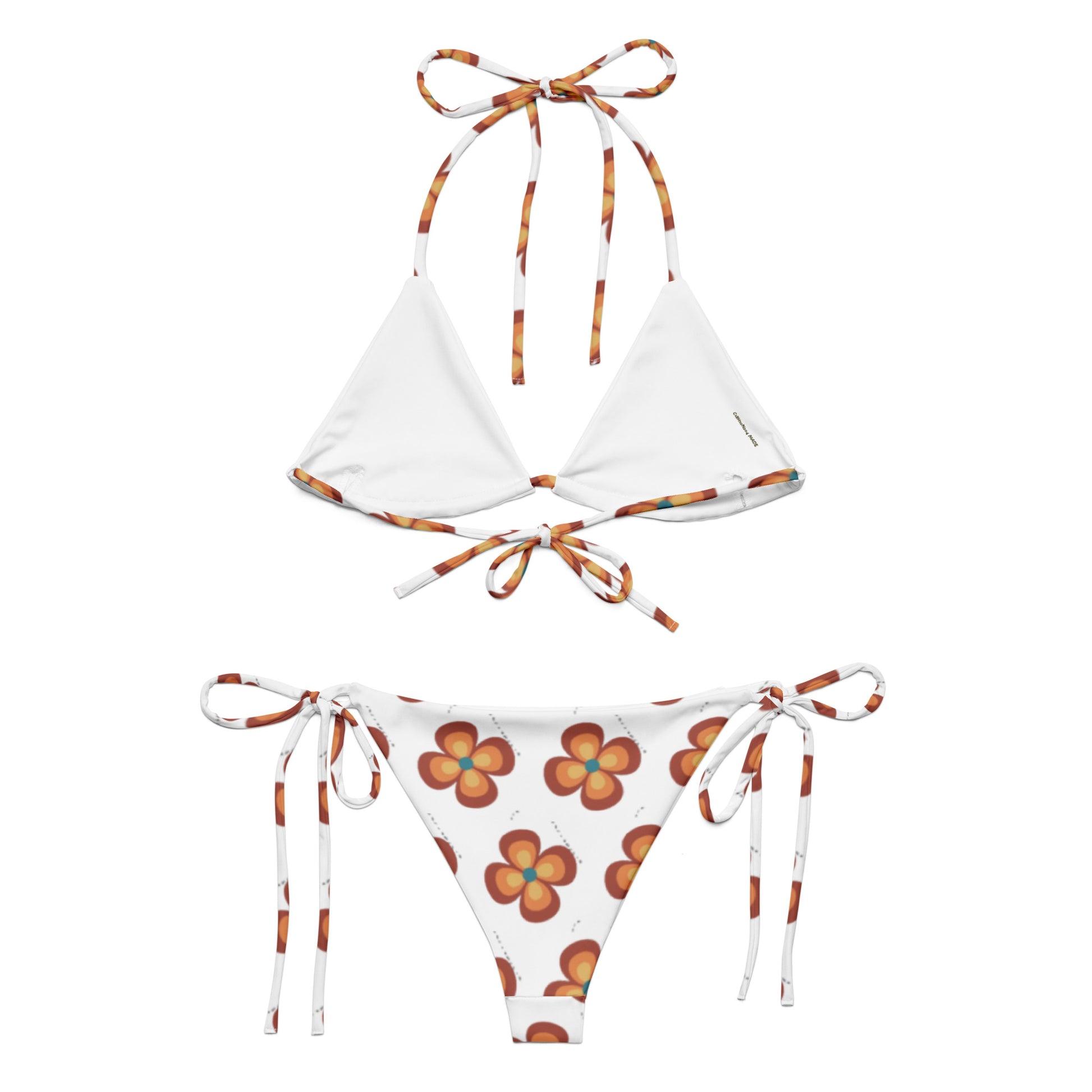 Flower Power Orange & Brown Recycled String Bikini with white fabric featuring orange and brown floral print, adjustable tie straps, and eco-friendly recycled material.